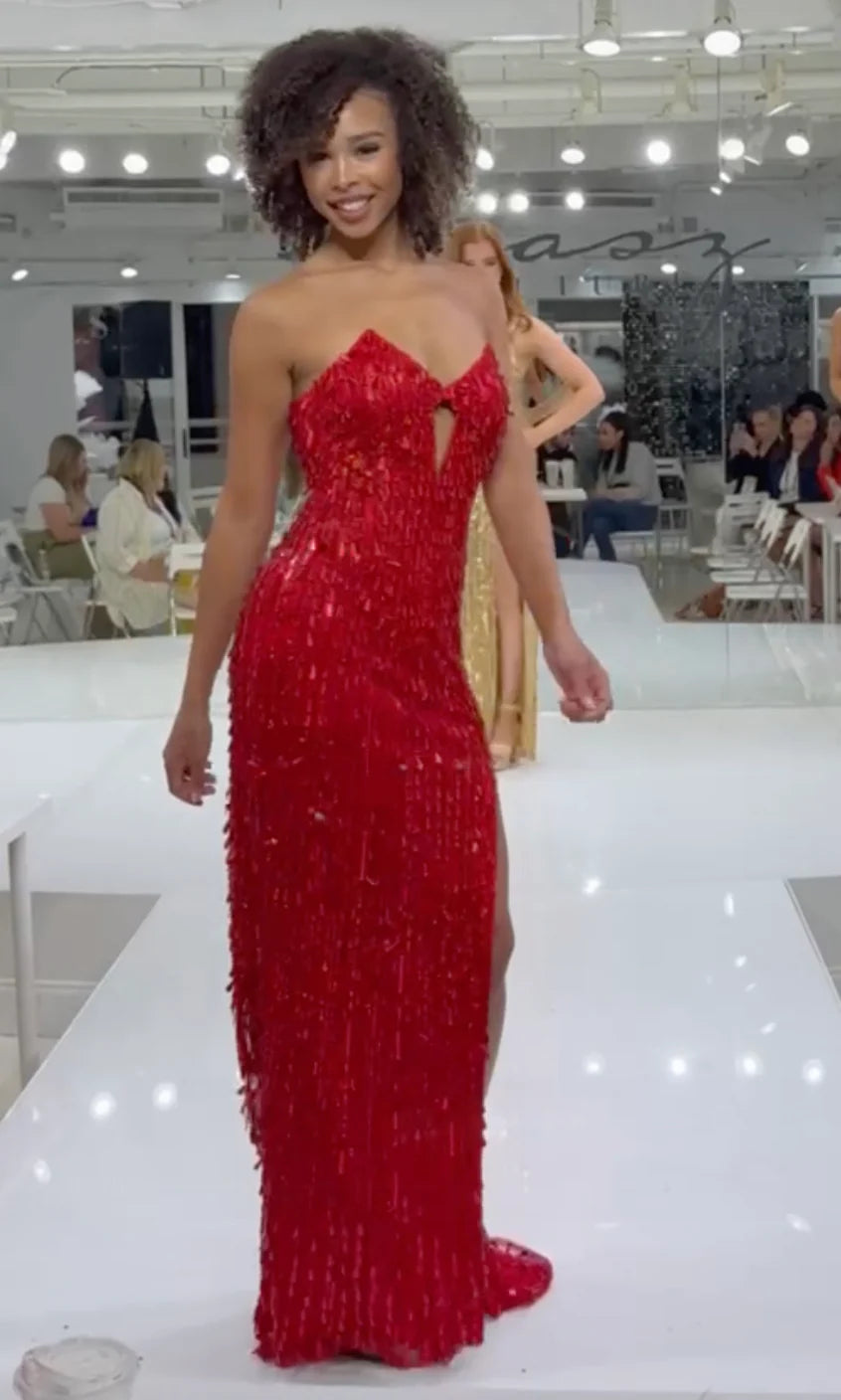 Jasz 7973 Gold Strapless Sequins V-Neckline Keyhole with Slit