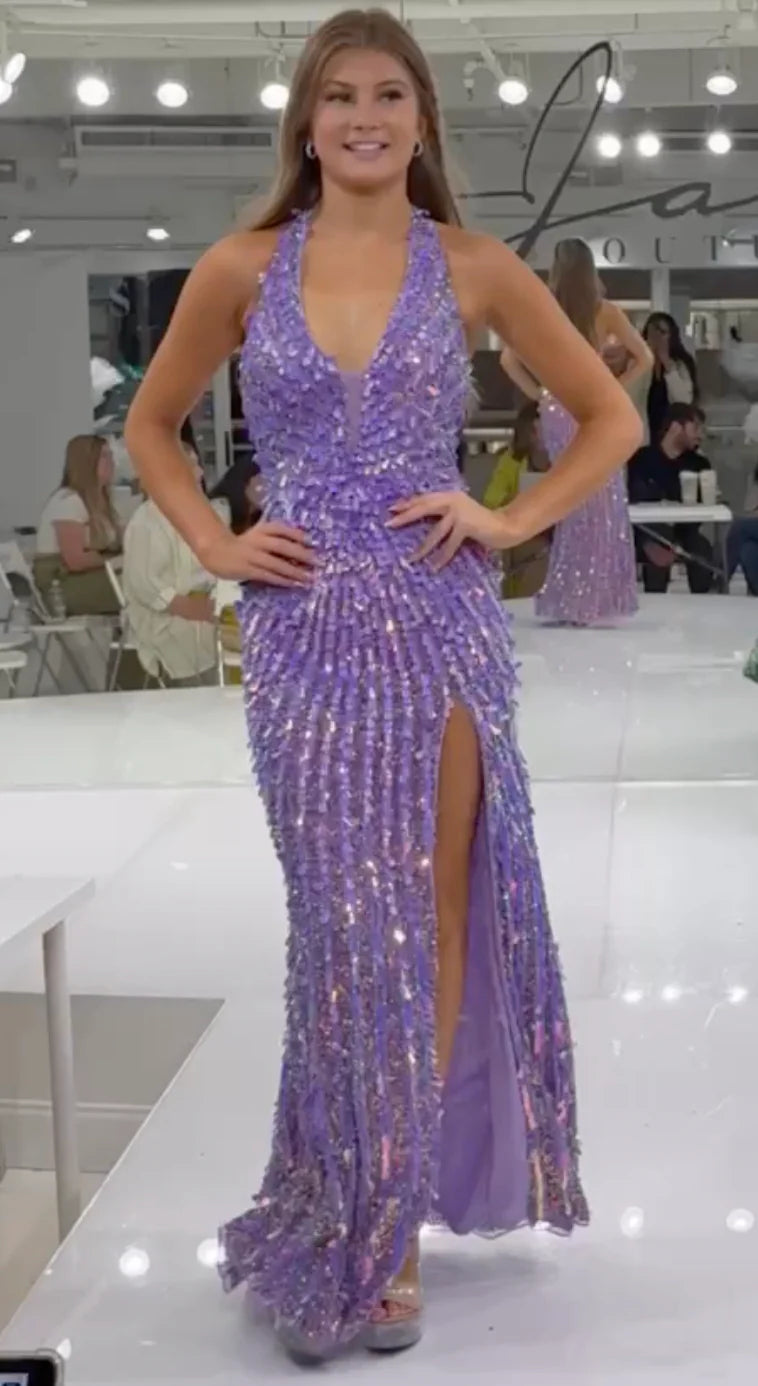 Jasz 7974 Green Sequins Halter V Neckline and High Slit