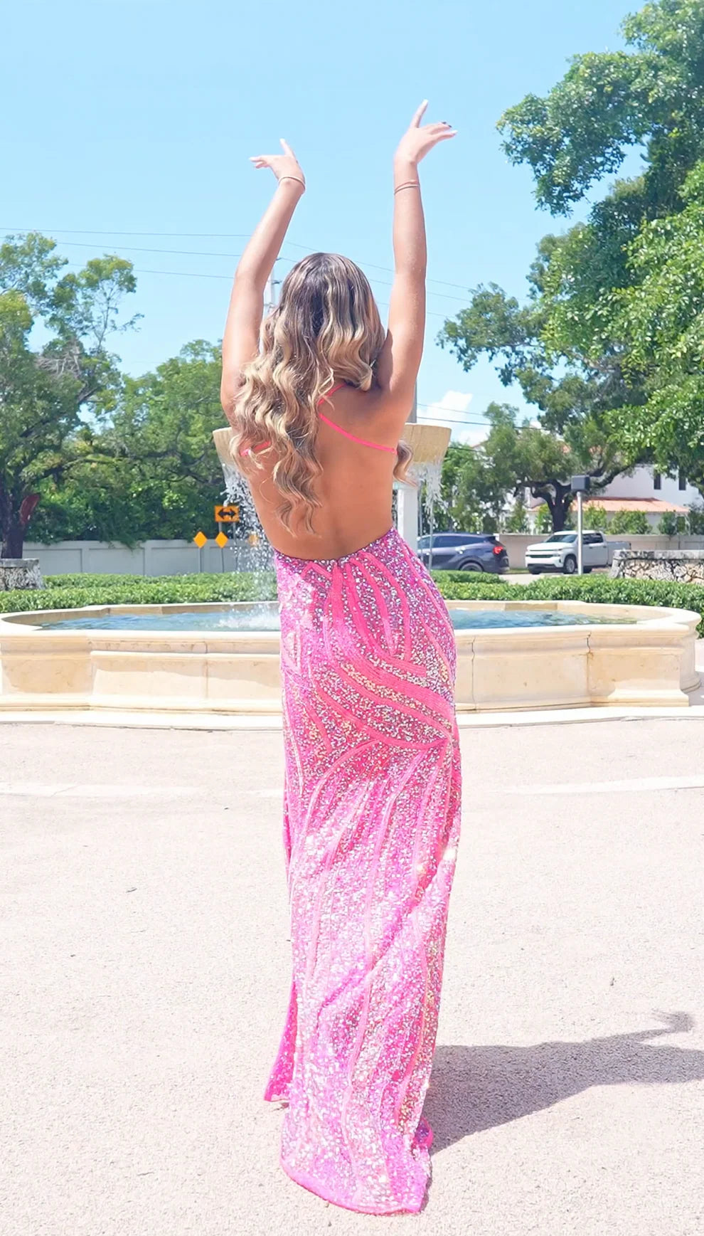 Jasz 7977 Pink Sequins Spaghetti Strap Plunging Neckline and High Slit