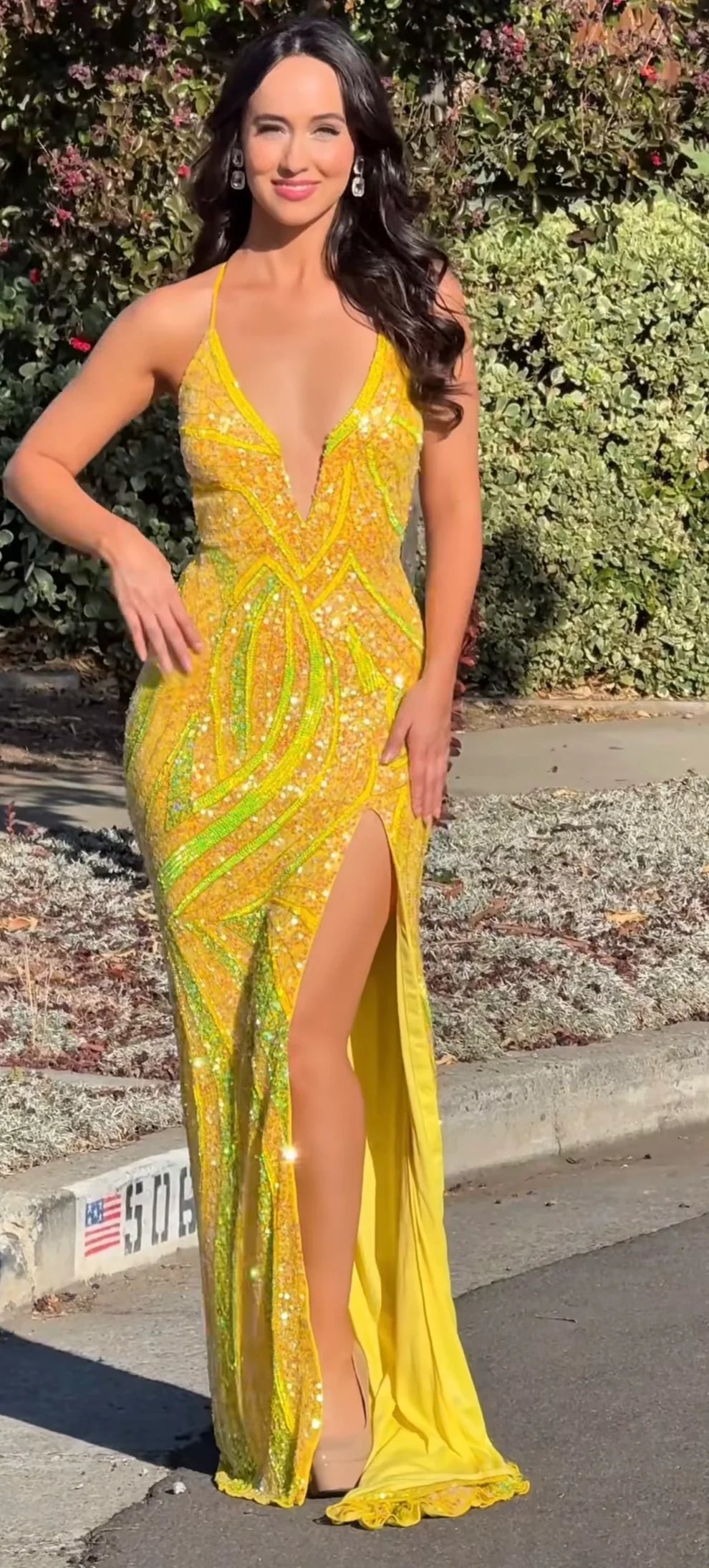 Jasz 7977 Pink Sequins Spaghetti Strap Plunging Neckline and High Slit