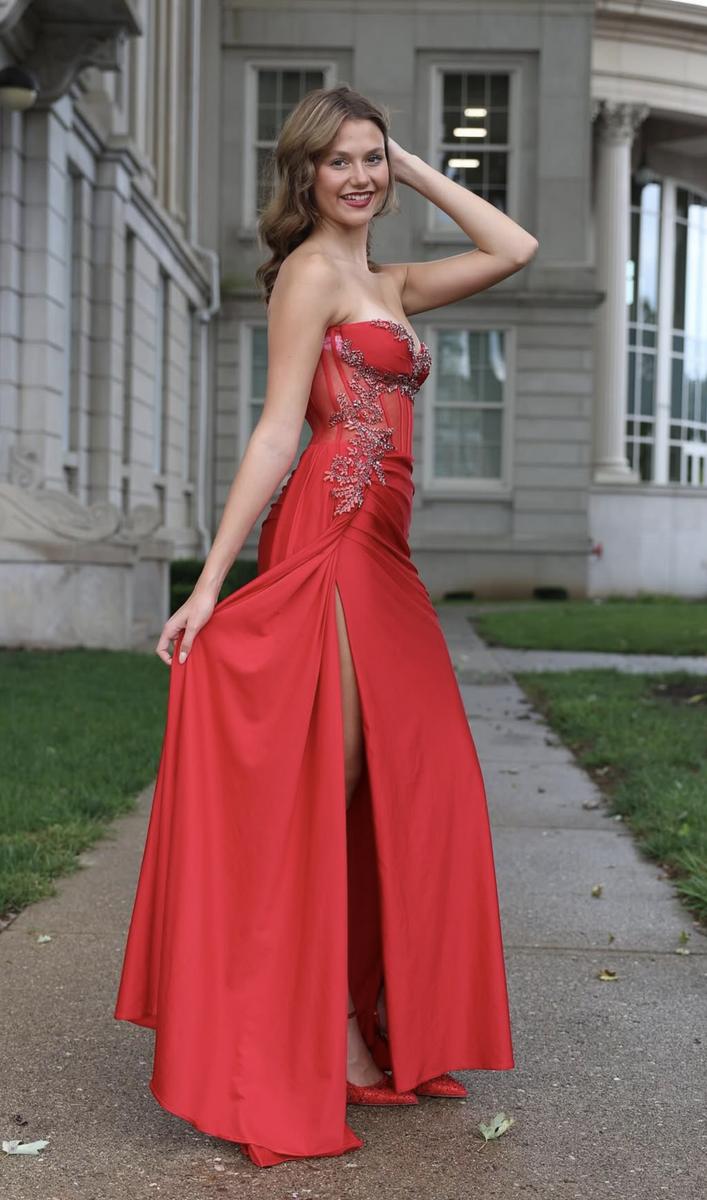 Jasz 7982 Red Beaded Strapless Sweetheart Neckline Corset with Slit