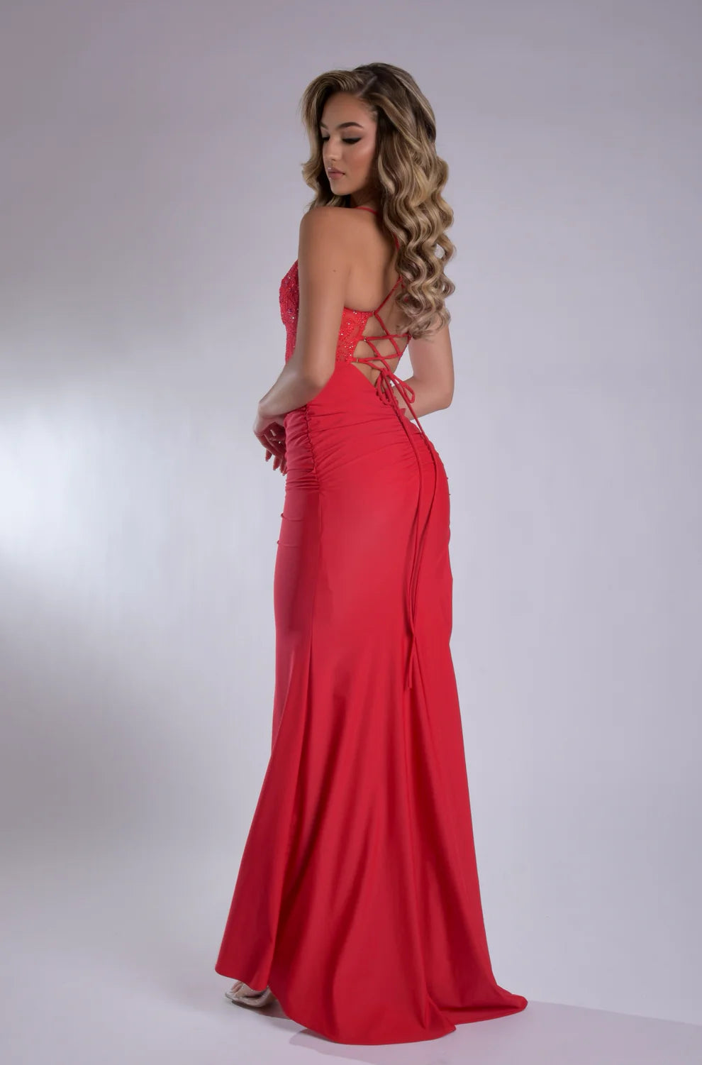 Jasz 7986 Pink Spaghetti Strap V-Neckline Lace with Slit