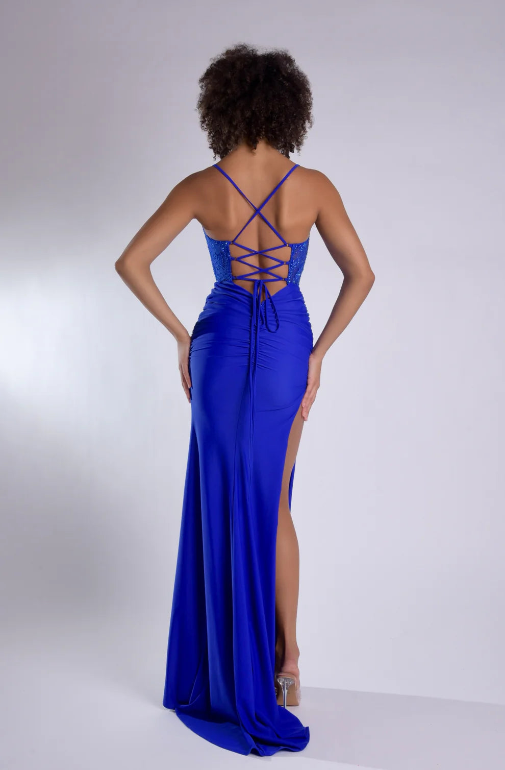 Jasz 7986 Pink Spaghetti Strap V-Neckline Lace with Slit