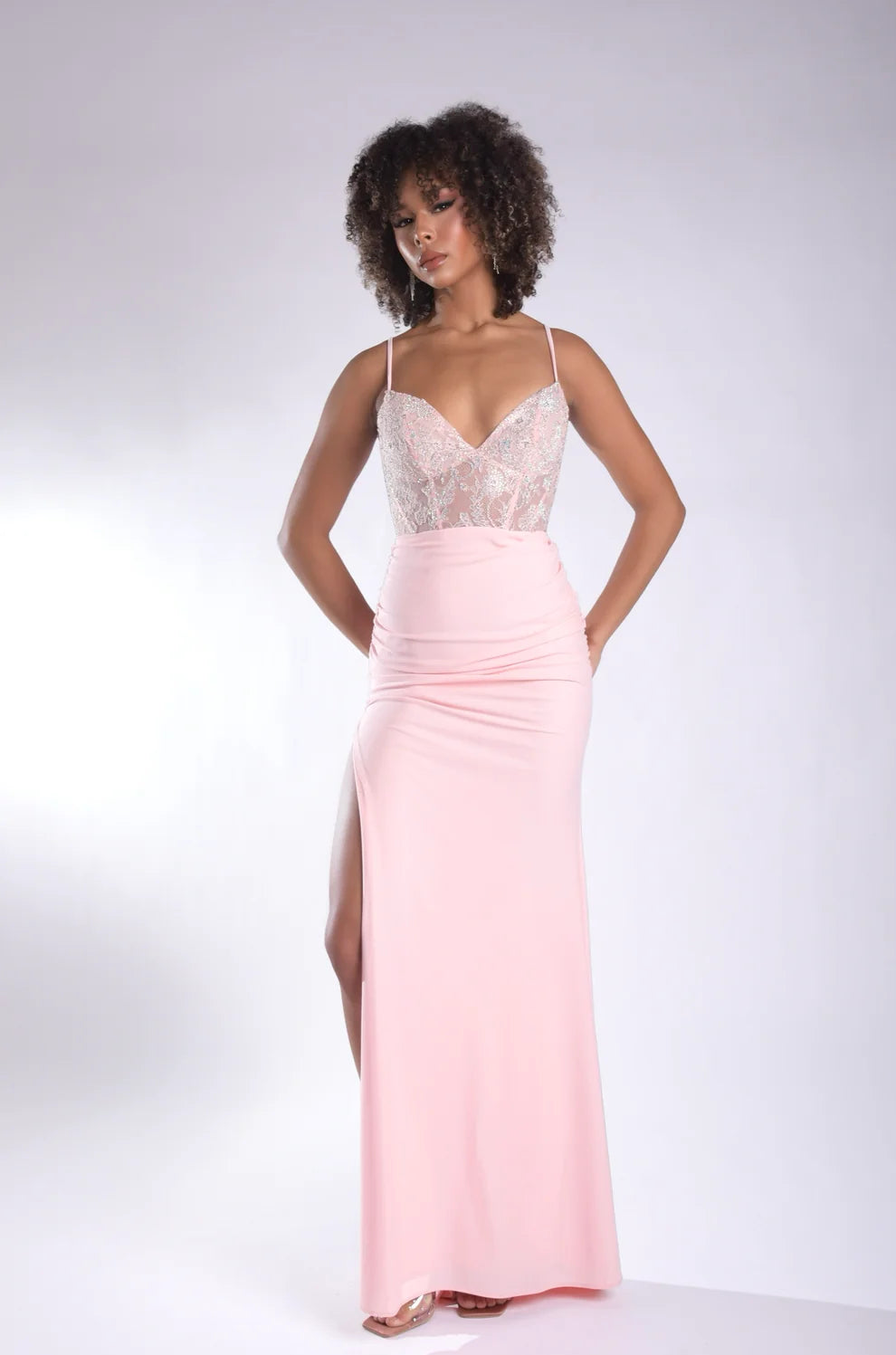 Jasz 7986 Pink Spaghetti Strap V-Neckline Lace with Slit