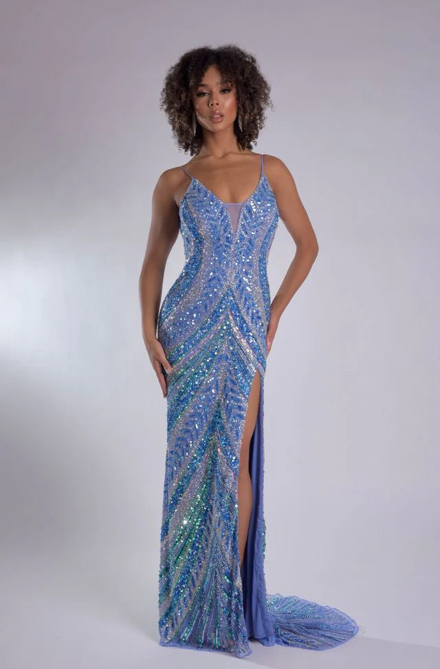 Jasz 7611 Gold Sequins Beaded Spaghetti Strap Slit Gown