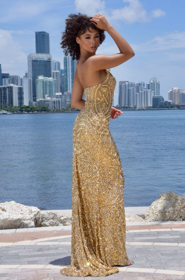 Jasz 7976 Gold Strapless V Neckline Beaded Sequins and High Slit