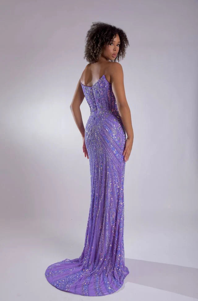 Jasz 7984 Purple Strapless V Neckline Beaded Sequin with Slit