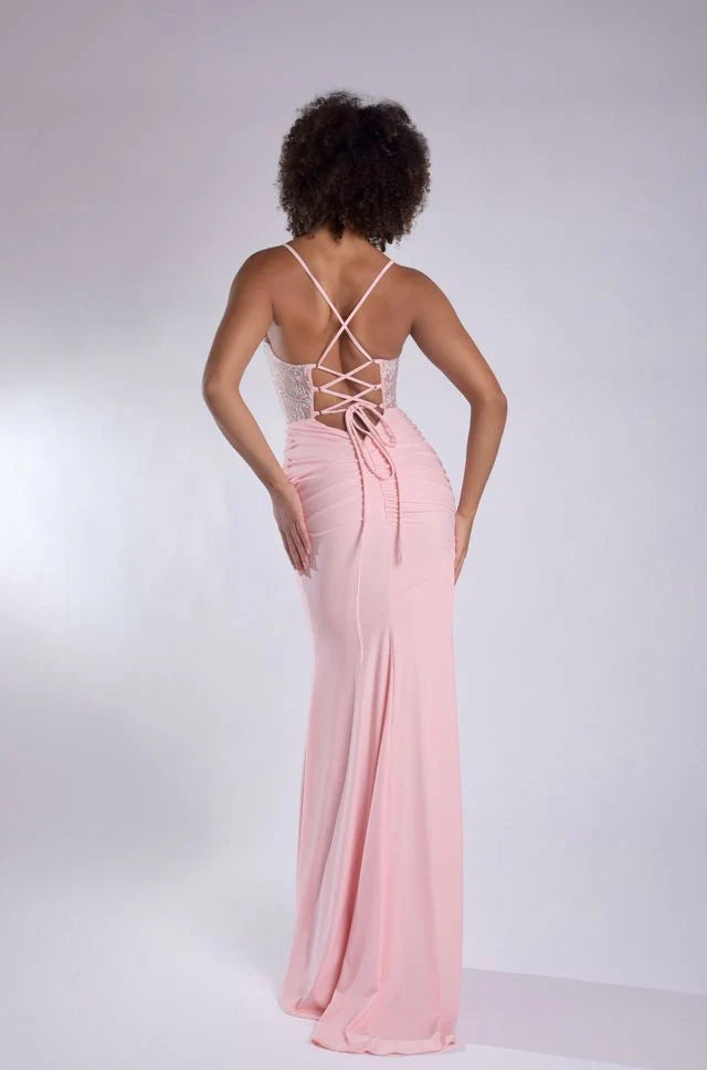 Jasz 7986 Pink Spaghetti Strap V-Neckline Lace with Slit