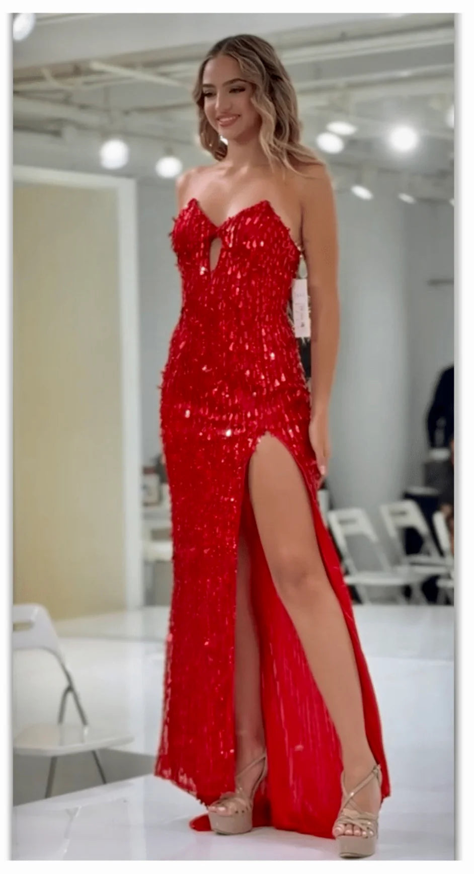 Jasz 7973 Gold Strapless Sequins V-Neckline Keyhole with Slit