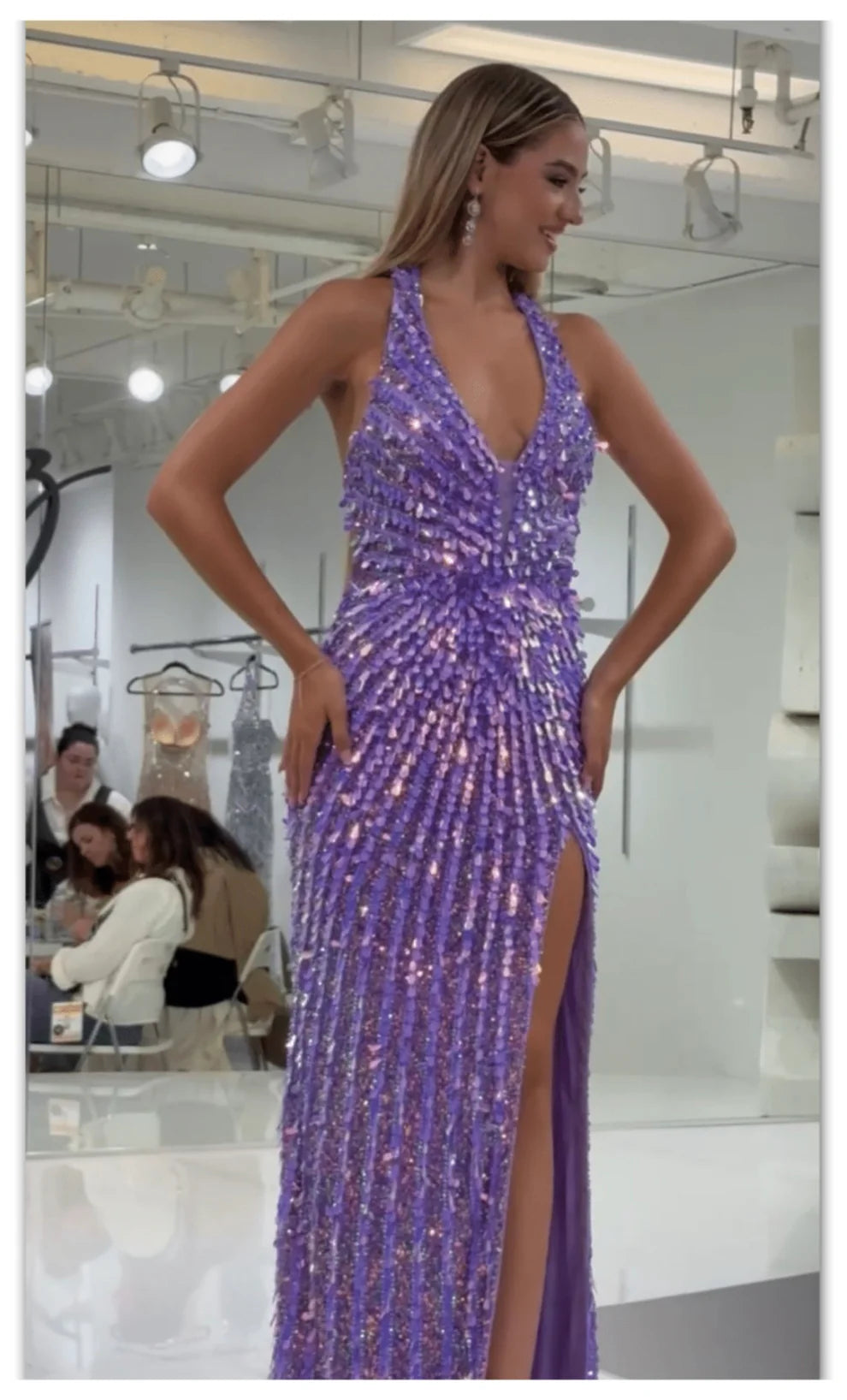 Jasz 7974 Green Sequins Halter V Neckline and High Slit