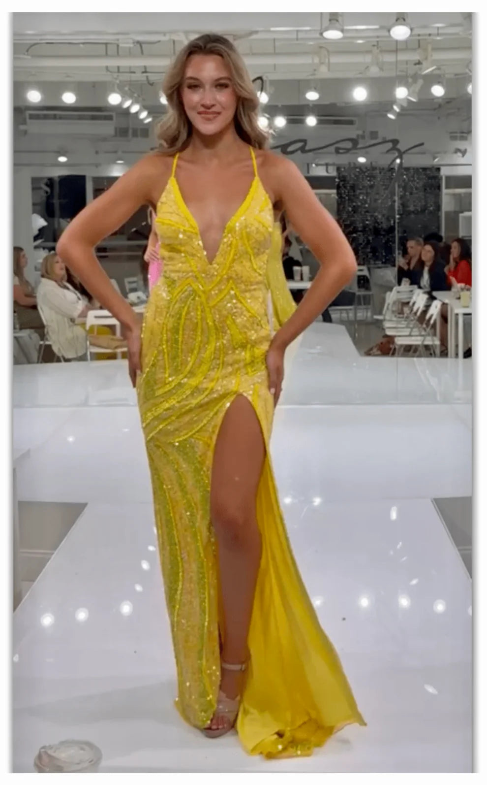 Jasz 7977 Pink Sequins Spaghetti Strap Plunging Neckline and High Slit