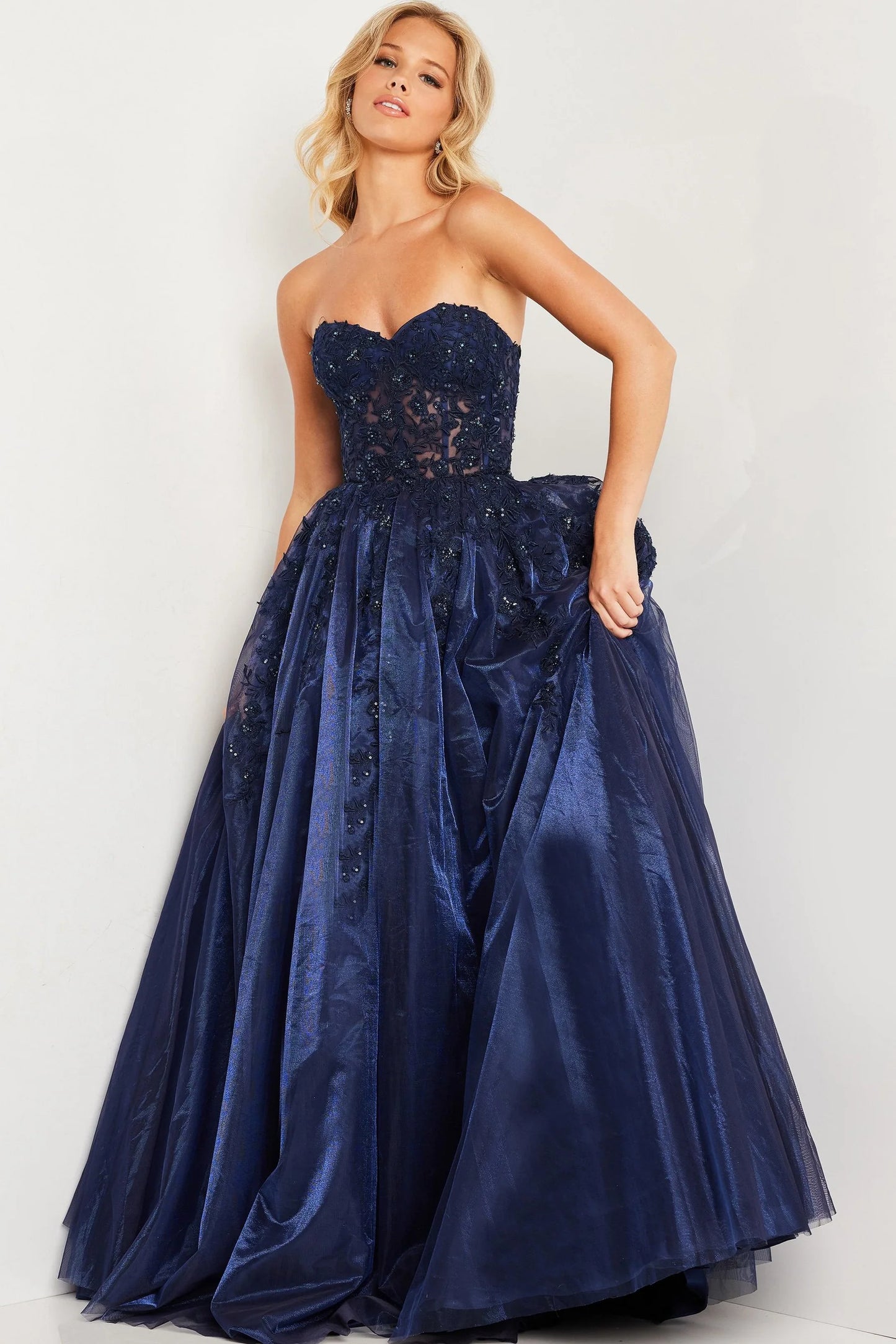 Jovani 00915 Navy Embroidered Strapless Sweetheart Neckline Dress
