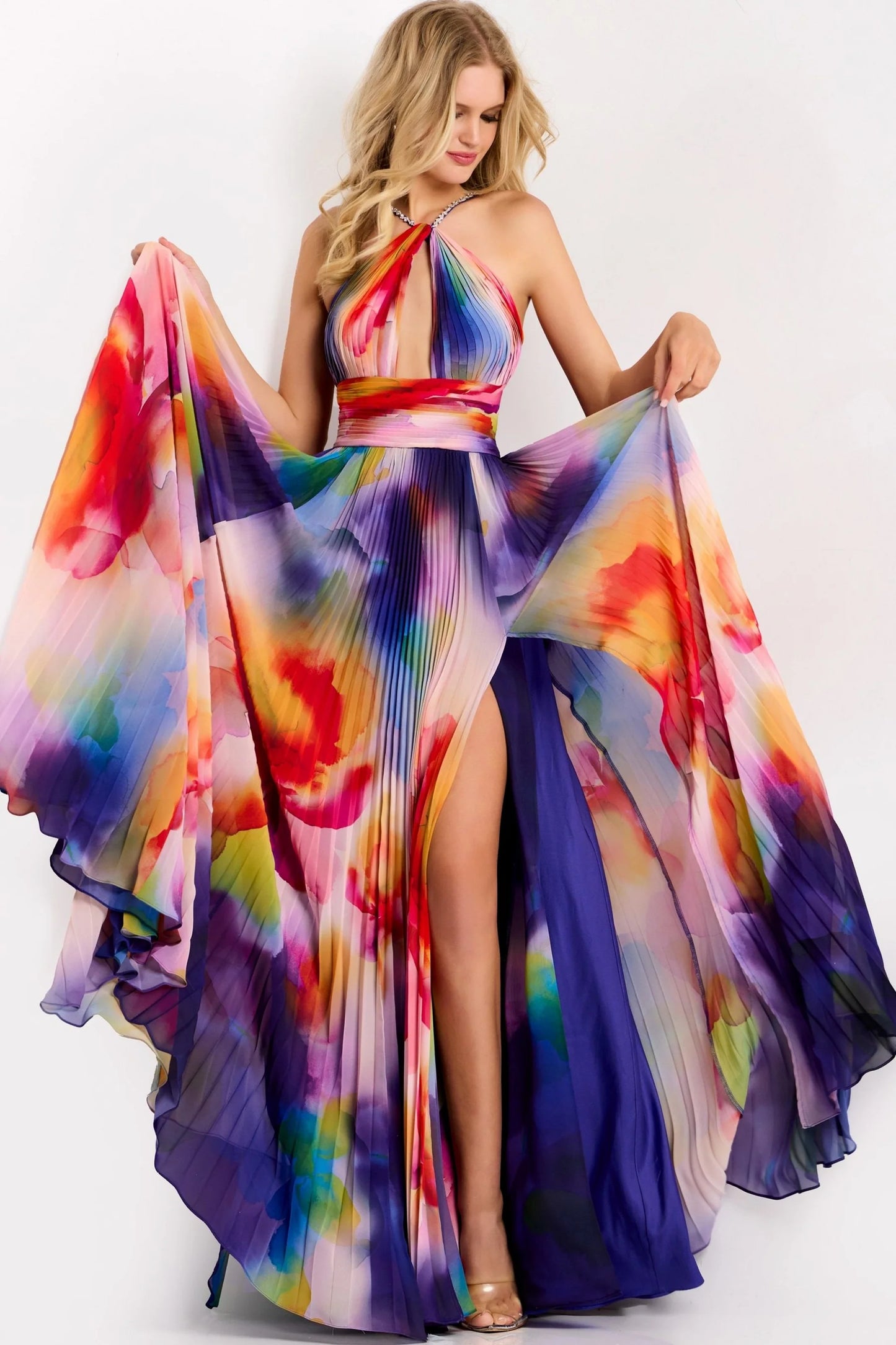 Jovani 42717 Multicolor Pleated Halter Neckline Evening Gown