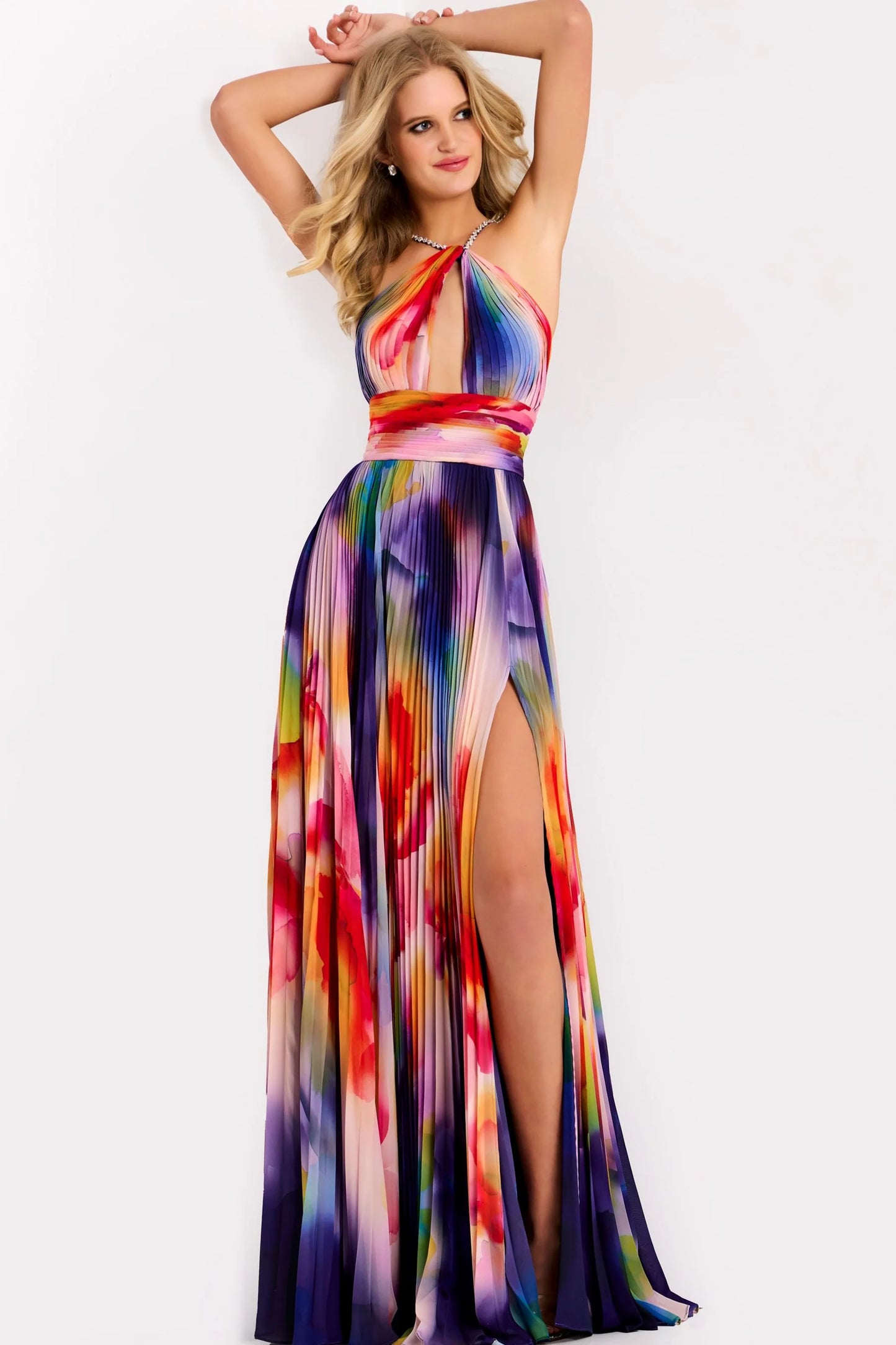 Jovani 42717 Multicolor Pleated Halter Neckline Evening Gown