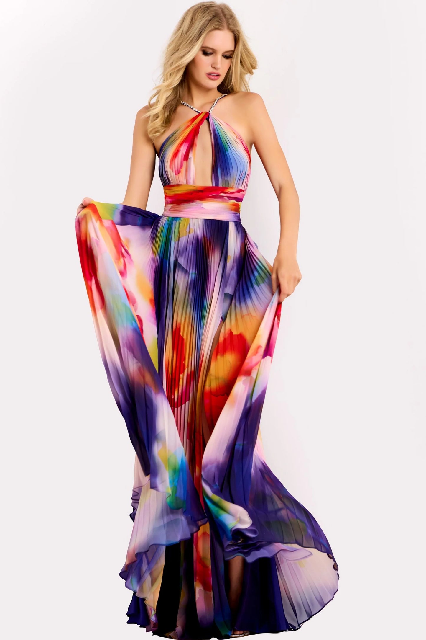Jovani 42717 Multicolor Pleated Halter Neckline Evening Gown
