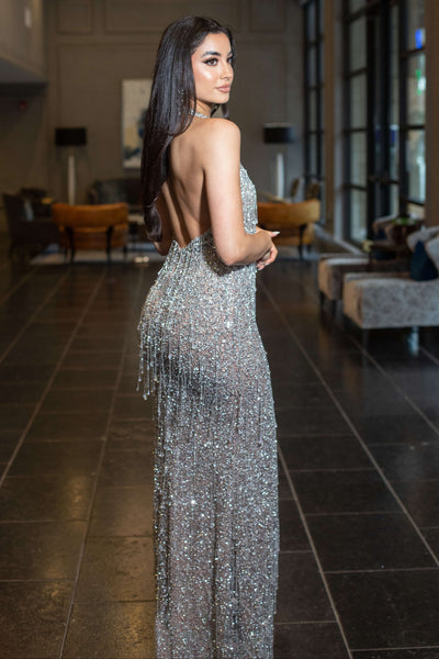 Kylie Crystal Fringe Beaded Halter V Neck Gown
