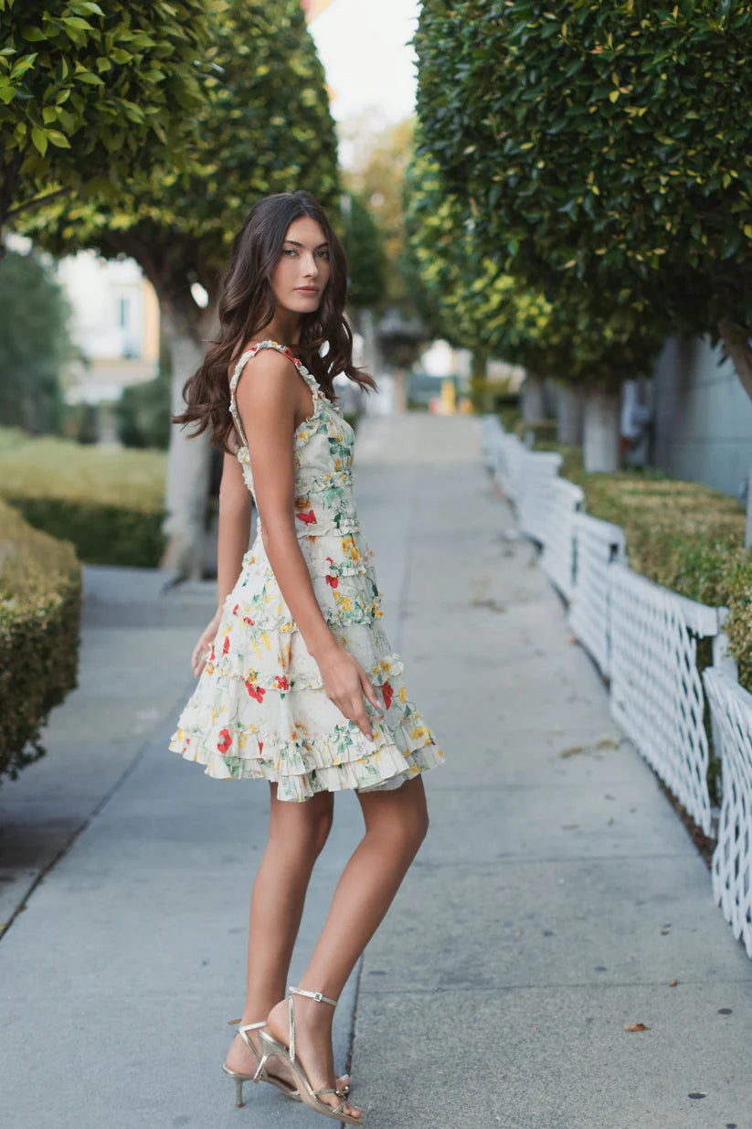 Mac Duggal - Ivory Floral Square Neck Ruffle Mini Dress - US 4 Mac Duggal - Ivory Floral Square Neck Ruffle Mini Dress - US 4