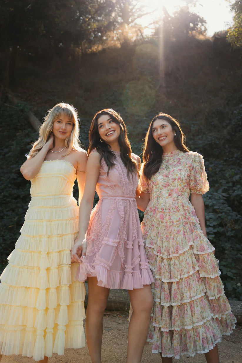 Mac Duggal 8295 Floral High Neck Midi Dress with Lace Trim