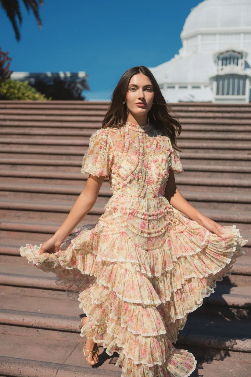 Mac Duggal 8295 Floral High Neck Midi Dress with Lace Trim