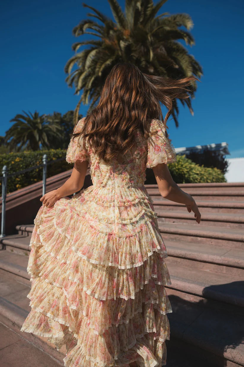 Mac Duggal 8295 Floral High Neck Midi Dress with Lace Trim