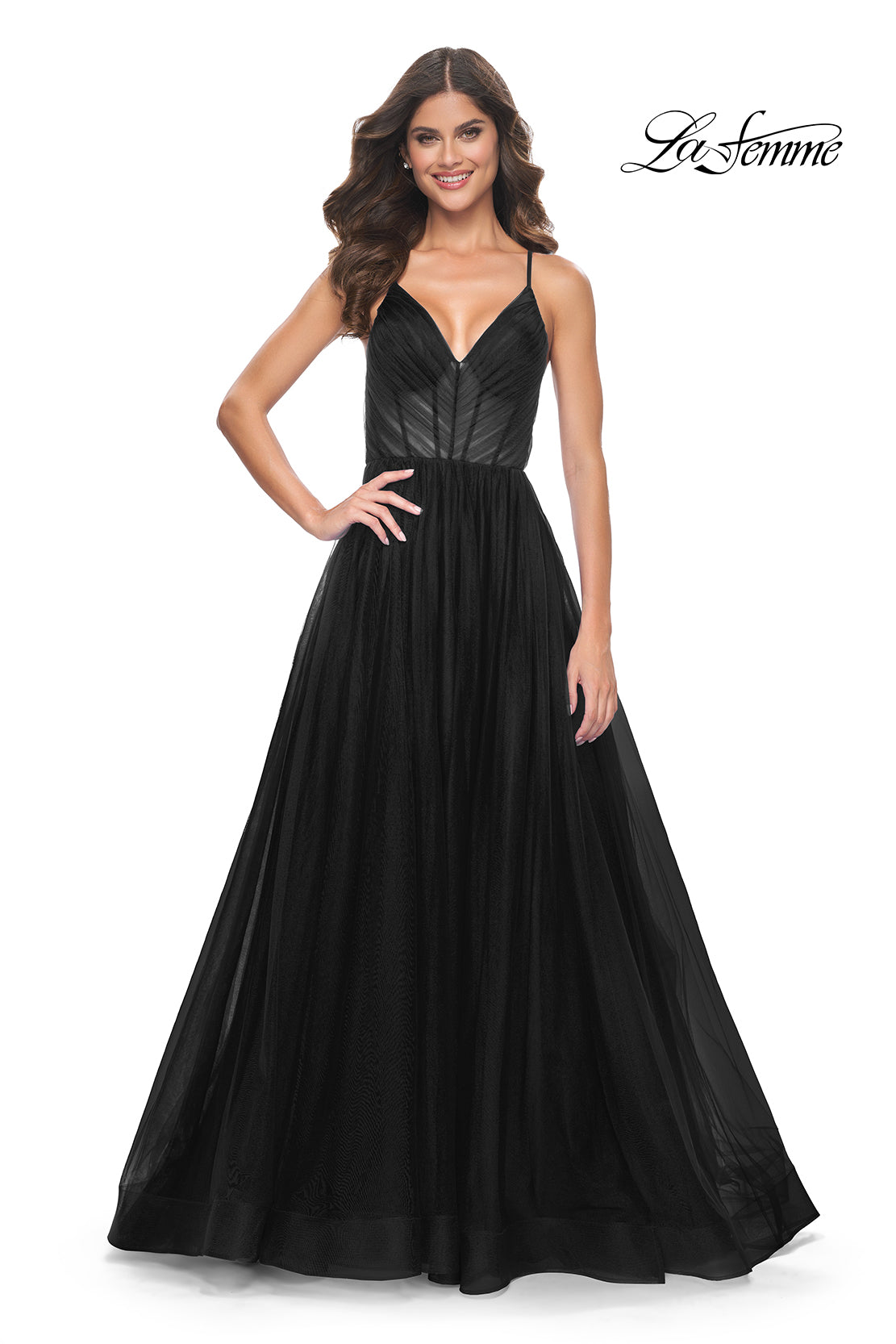 La-Femme-31457-V-Neck-Neckline-Criss-Cross-Back-Corset-Tulle-A-Line-Black-Evening-Dress-B-Chic-Fashions-Prom-Dress