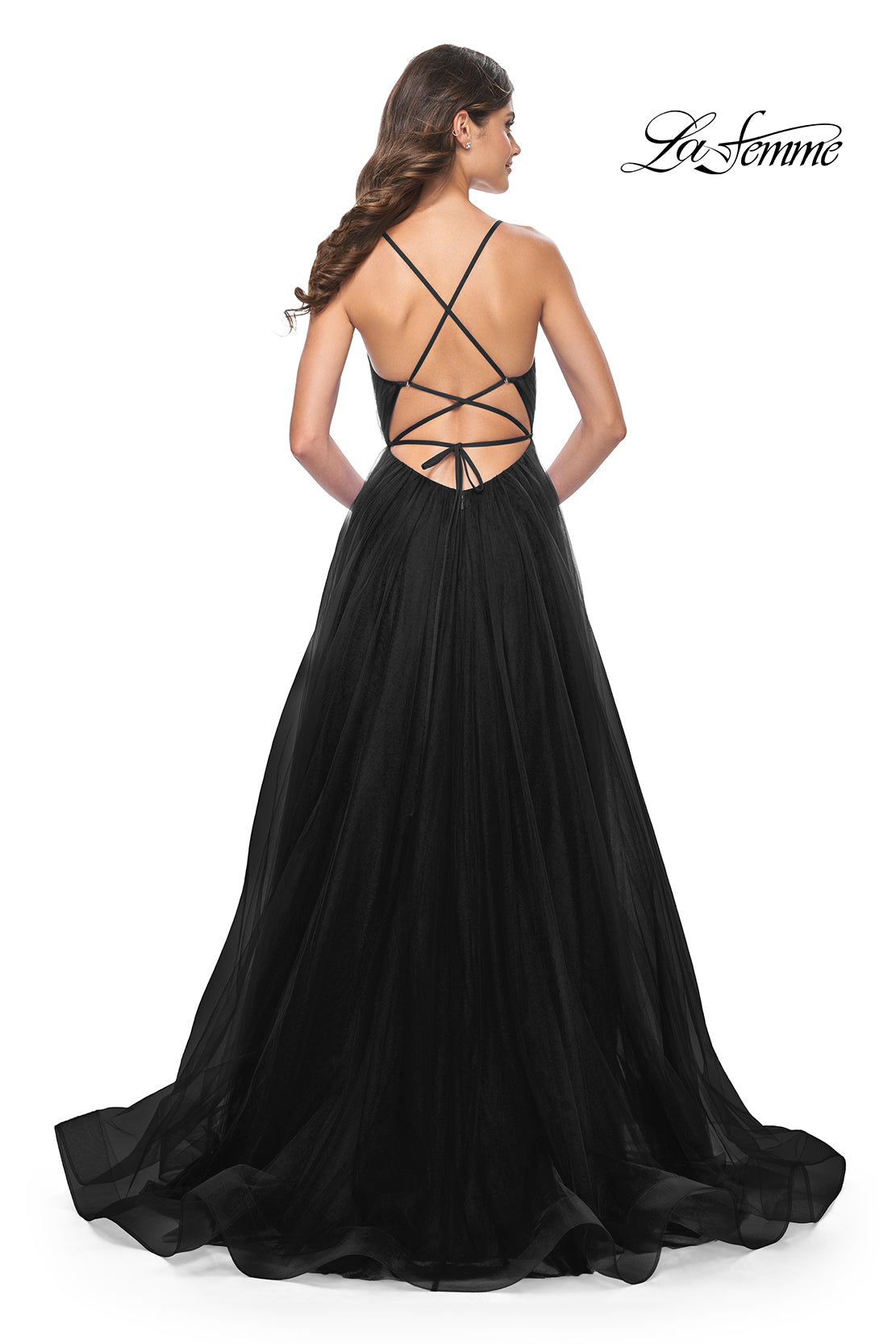 La-Femme-31457-V-Neck-Neckline-Criss-Cross-Back-Corset-Tulle-A-Line-Black-Evening-Dress-B-Chic-Fashions-Prom-Dress