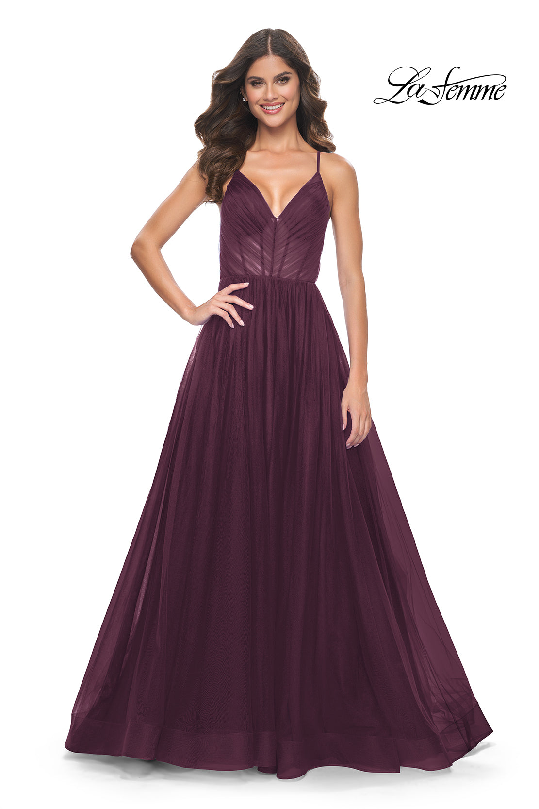 La-Femme-31457-V-Neck-Neckline-Criss-Cross-Back-Corset-Tulle-A-Line-Dark-Berry-Evening-Dress-B-Chic-Fashions-Prom-Dress