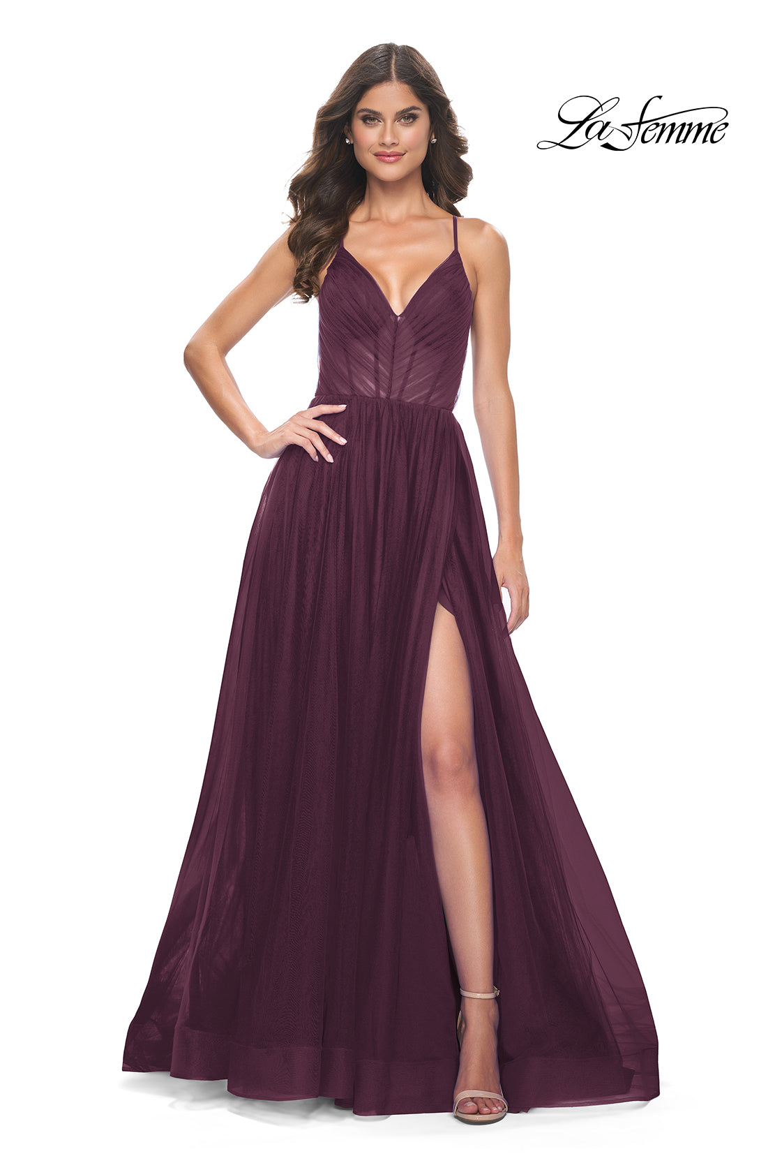 La-Femme-31457-V-Neck-Neckline-Criss-Cross-Back-Corset-Tulle-A-Line-Dark-Berry-Evening-Dress-B-Chic-Fashions-Prom-Dress