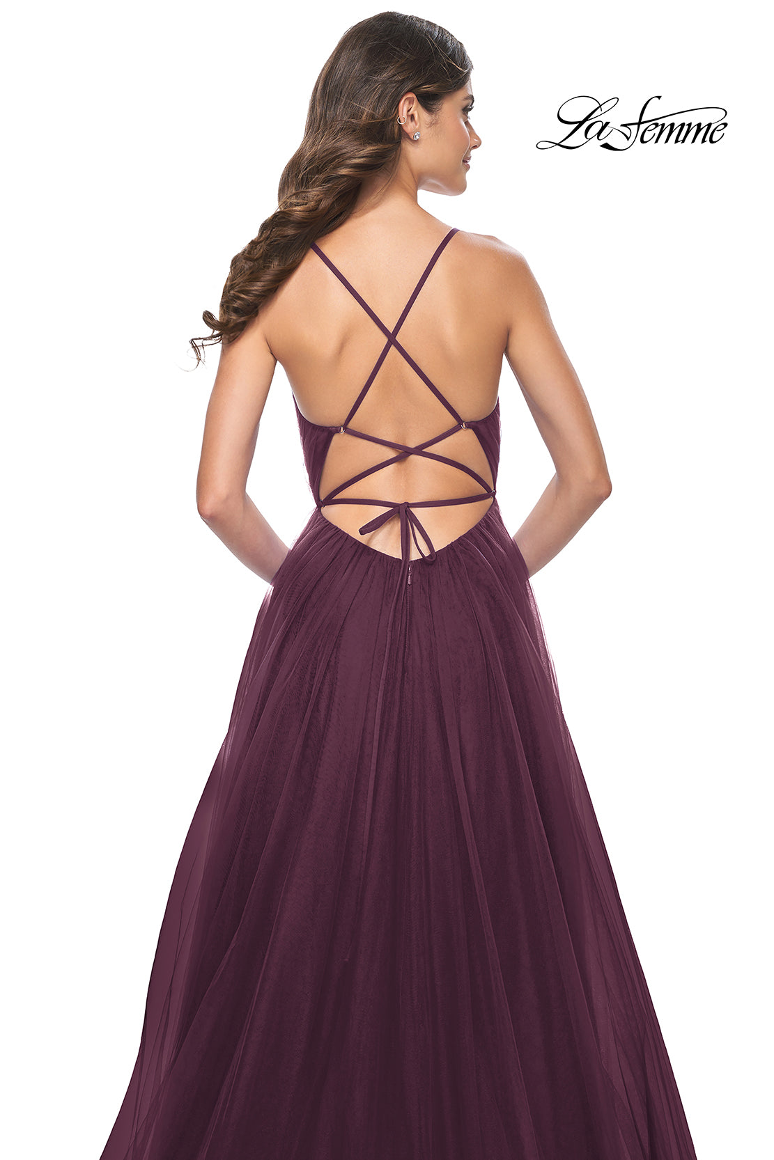 La-Femme-31457-V-Neck-Neckline-Criss-Cross-Back-Corset-Tulle-A-Line-Dark-Berry-Evening-Dress-B-Chic-Fashions-Prom-Dress
