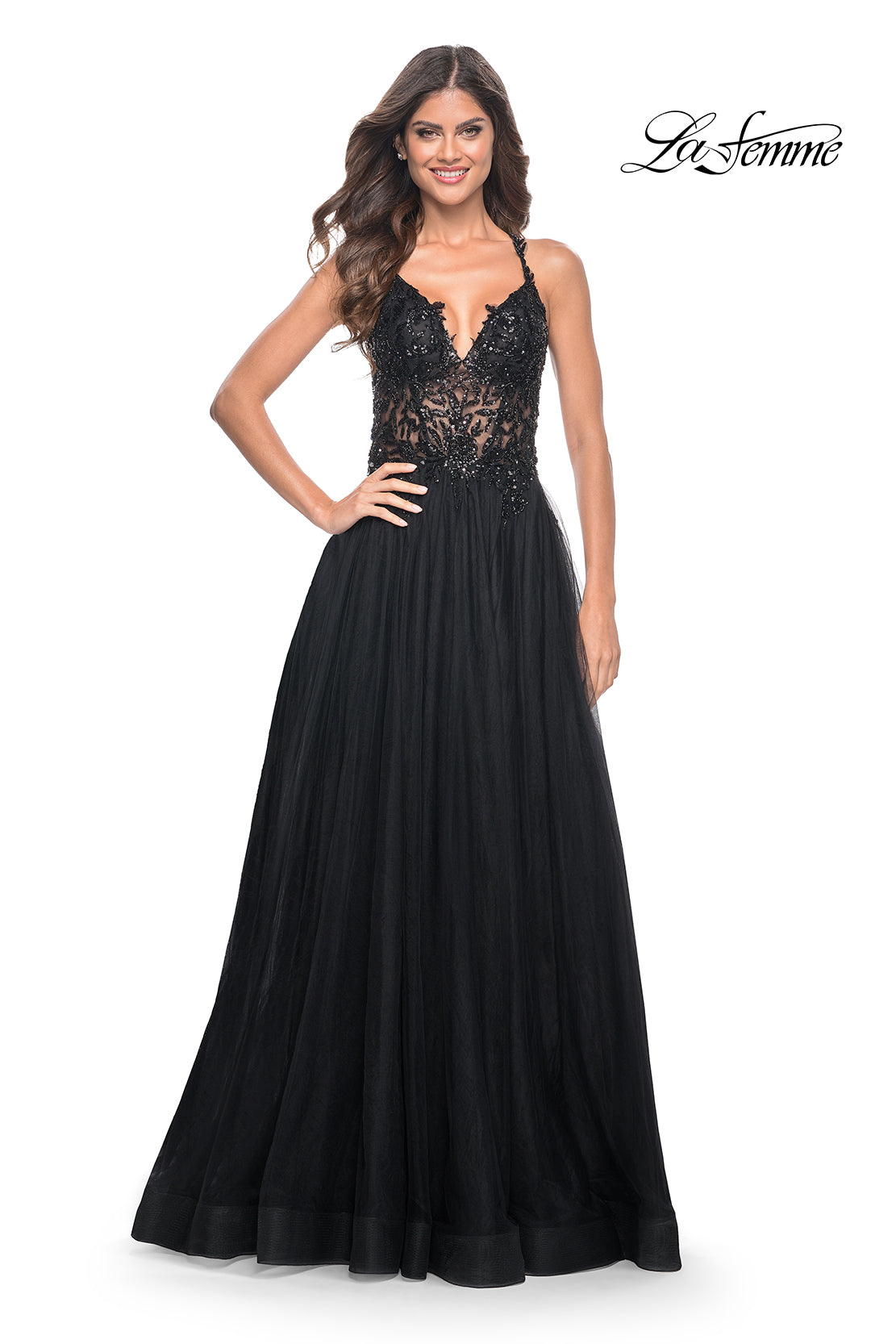 La Femme 31471 V-Neck Neckline Open Back Corset Beaded/Tulle A-Line Evening Dress B Chic Fashions Long Dress Evening Gowns