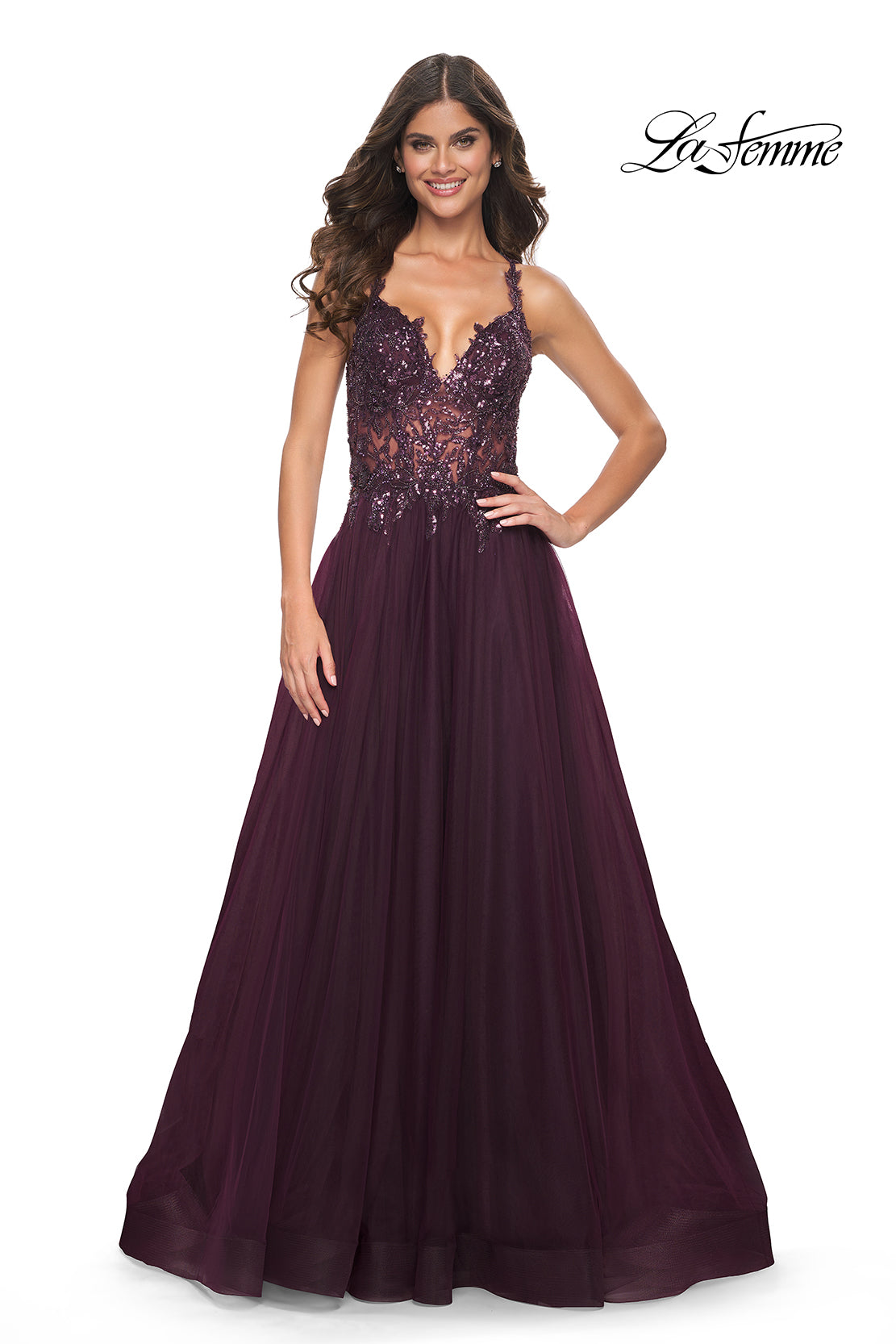 La Femme 31471 V-Neck Neckline Open Back Corset Beaded/Tulle A-Line Evening Dress B Chic Fashions Long Dress Evening Gowns