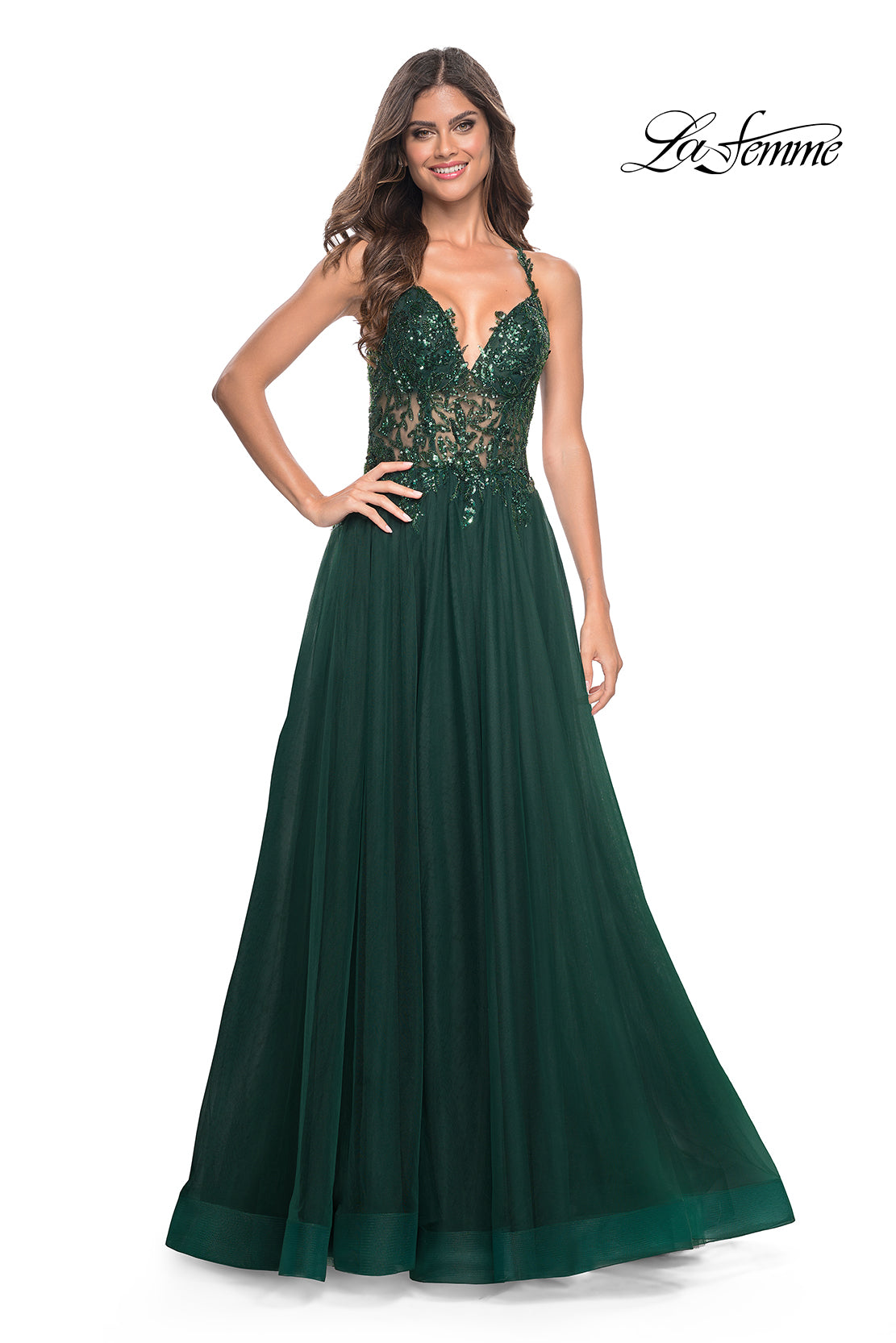 La Femme 31471 V-Neck Neckline Open Back Corset Beaded/Tulle A-Line Evening Dress B Chic Fashions Long Dress Evening Gowns
