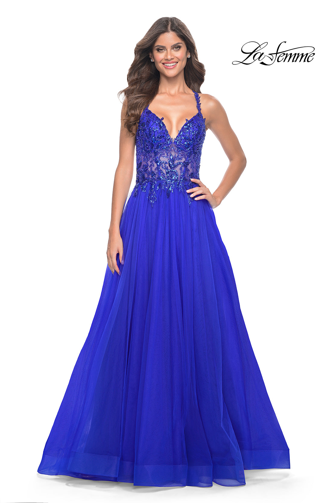 La Femme 31471 V-Neck Neckline Open Back Corset Beaded/Tulle A-Line Evening Dress B Chic Fashions Long Dress Evening Gowns