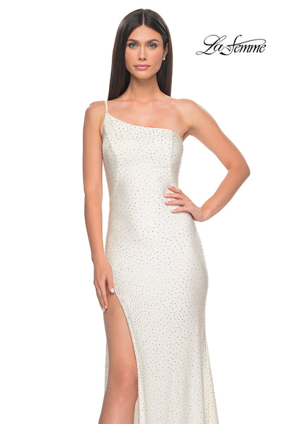 La-Femme-31699-One-Shoulder-Neckline-Zipper-Back-High-Slit-Jersey-Fitted-White-Evening-Dress-B-Chic-Fashions-Prom-Dress