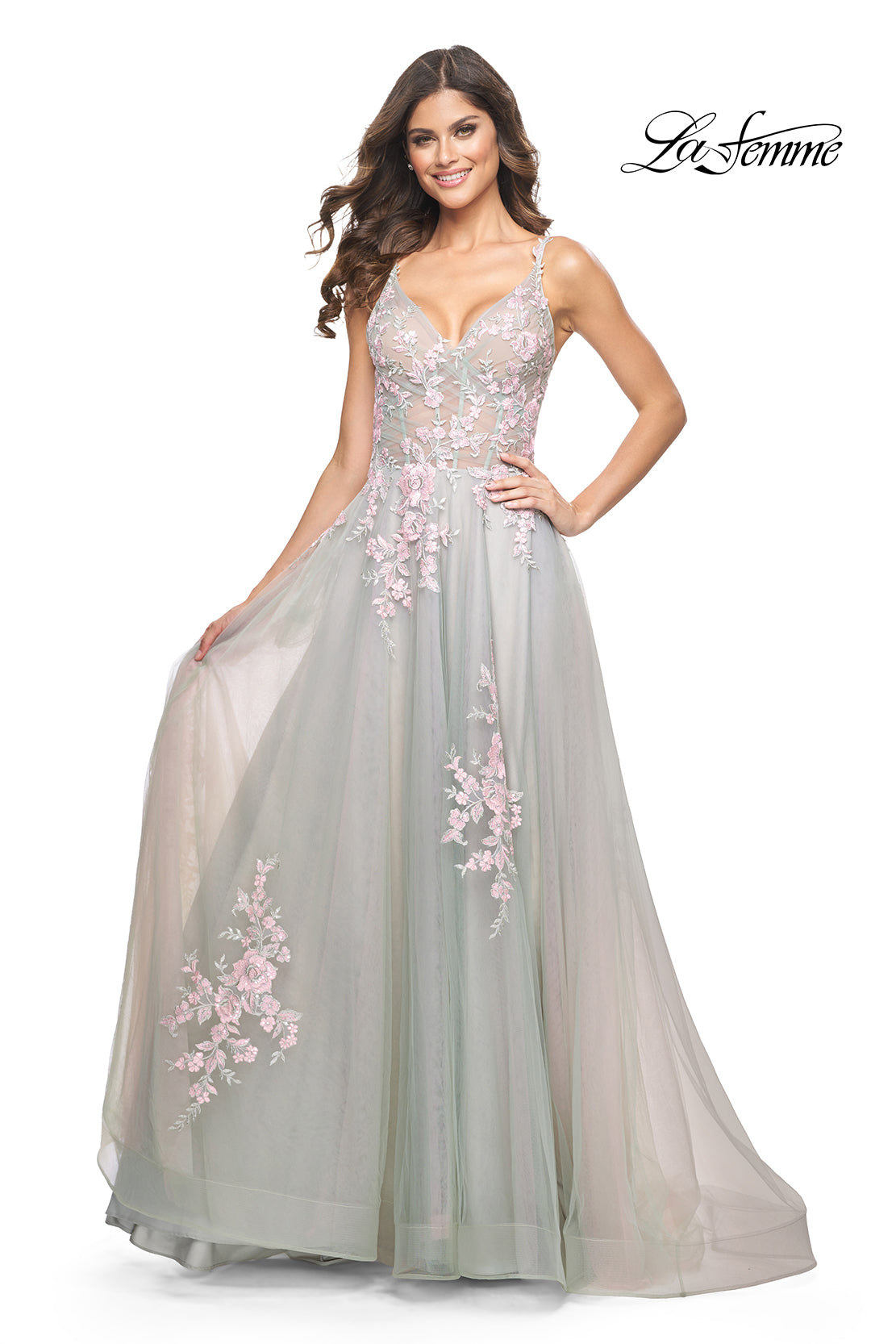 La-Femme-31939-V-Neck-Neckline-Zipper-Back-Slit-Lace-Tulle-A-Line-Sage-Evening-Dress-B-Chic-Fashions-Prom-Dress