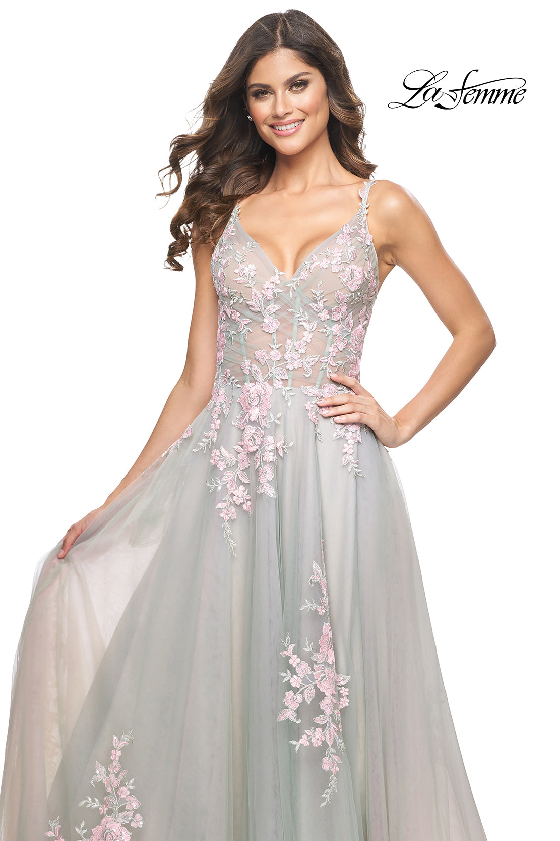 La-Femme-31939-V-Neck-Neckline-Zipper-Back-Slit-Lace-Tulle-A-Line-Sage-Evening-Dress-B-Chic-Fashions-Prom-Dress