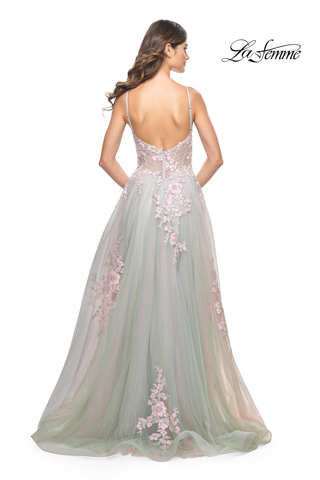 La-Femme-31939-V-Neck-Neckline-Zipper-Back-Slit-Lace-Tulle-A-Line-Sage-Evening-Dress-B-Chic-Fashions-Prom-Dress