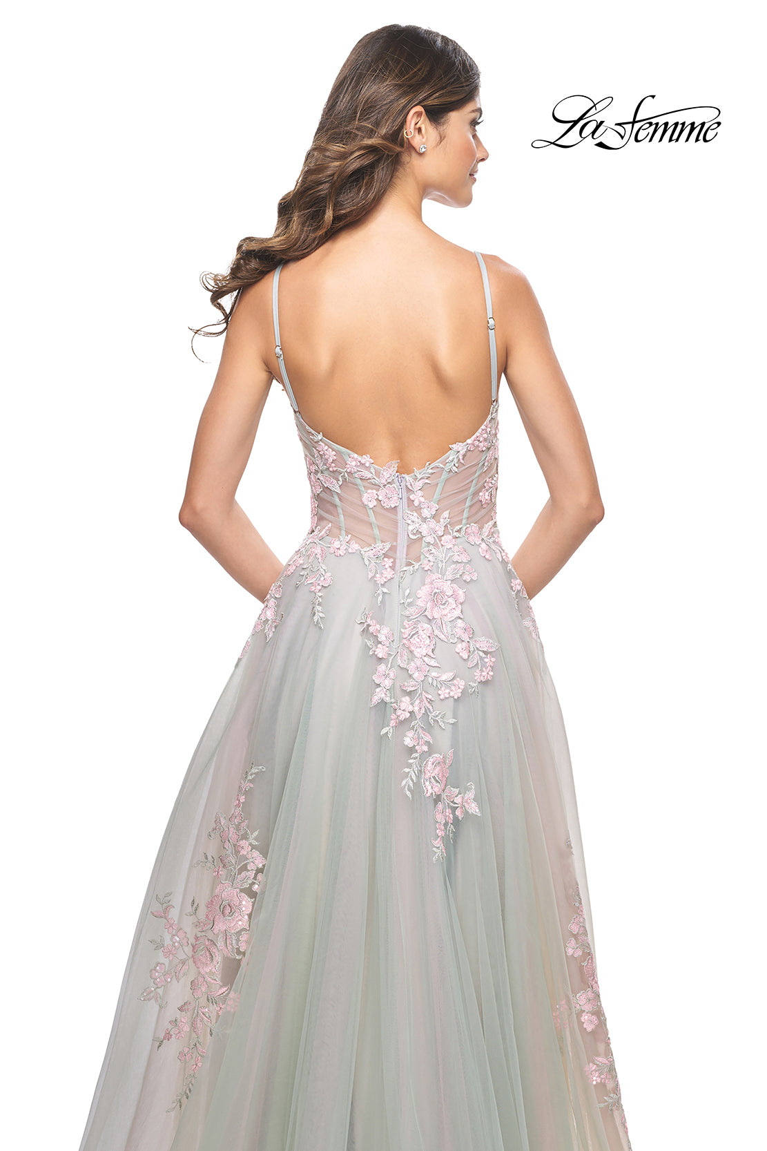 La-Femme-31939-V-Neck-Neckline-Zipper-Back-Slit-Lace-Tulle-A-Line-Sage-Evening-Dress-B-Chic-Fashions-Prom-Dress