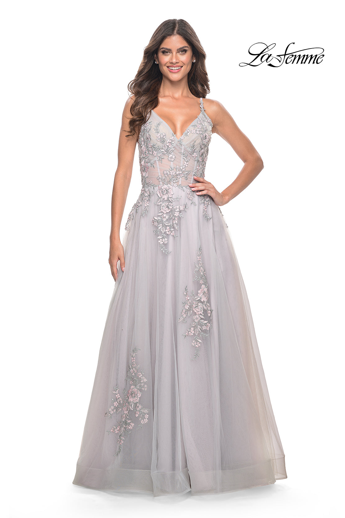 La-Femme-31939-V-Neck-Neckline-Zipper-Back-Slit-Lace-Tulle-A-Line-Silver-Evening-Dress-B-Chic-Fashions-Prom-Dress