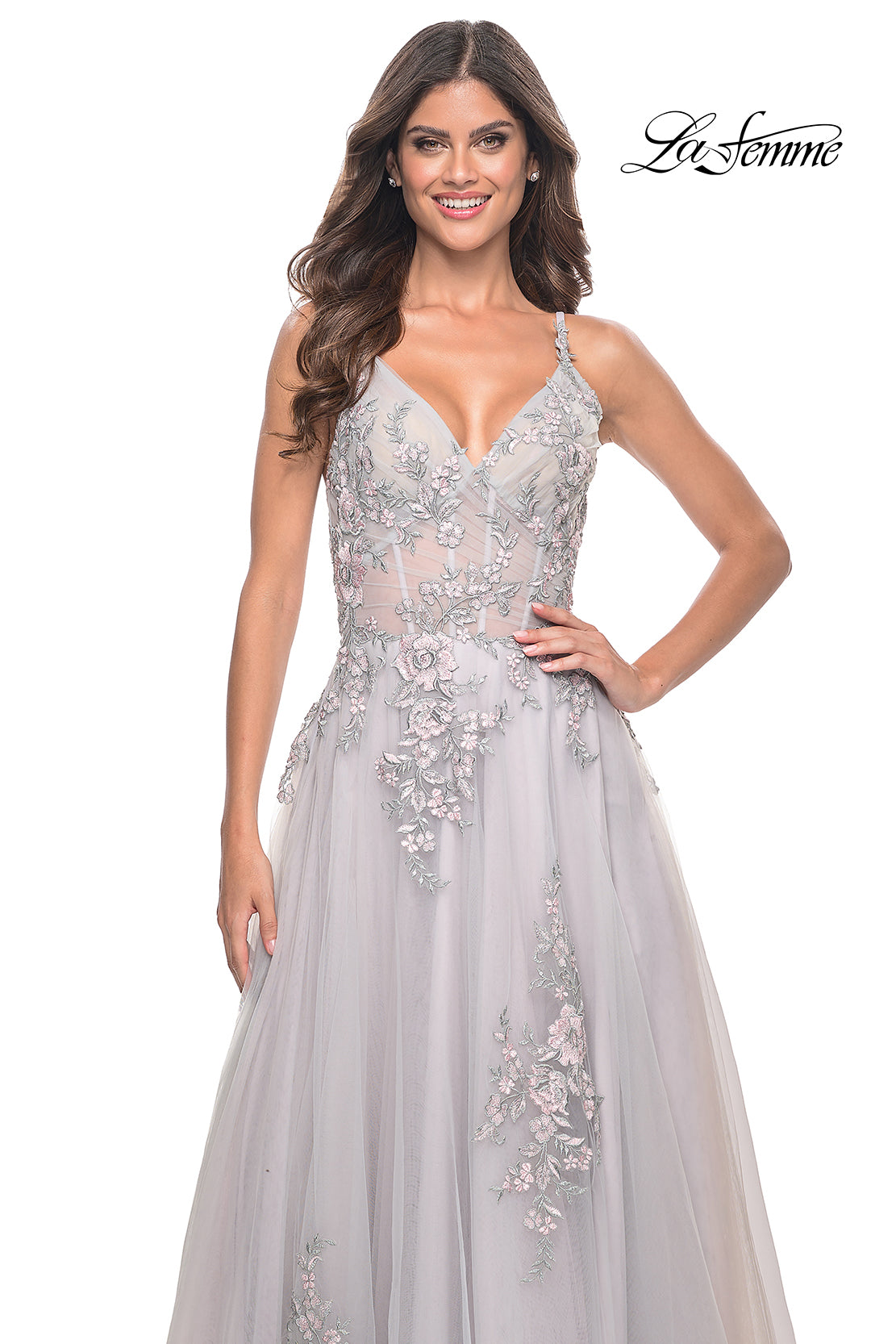 La-Femme-31939-V-Neck-Neckline-Zipper-Back-Slit-Lace-Tulle-A-Line-Silver-Evening-Dress-B-Chic-Fashions-Prom-Dress