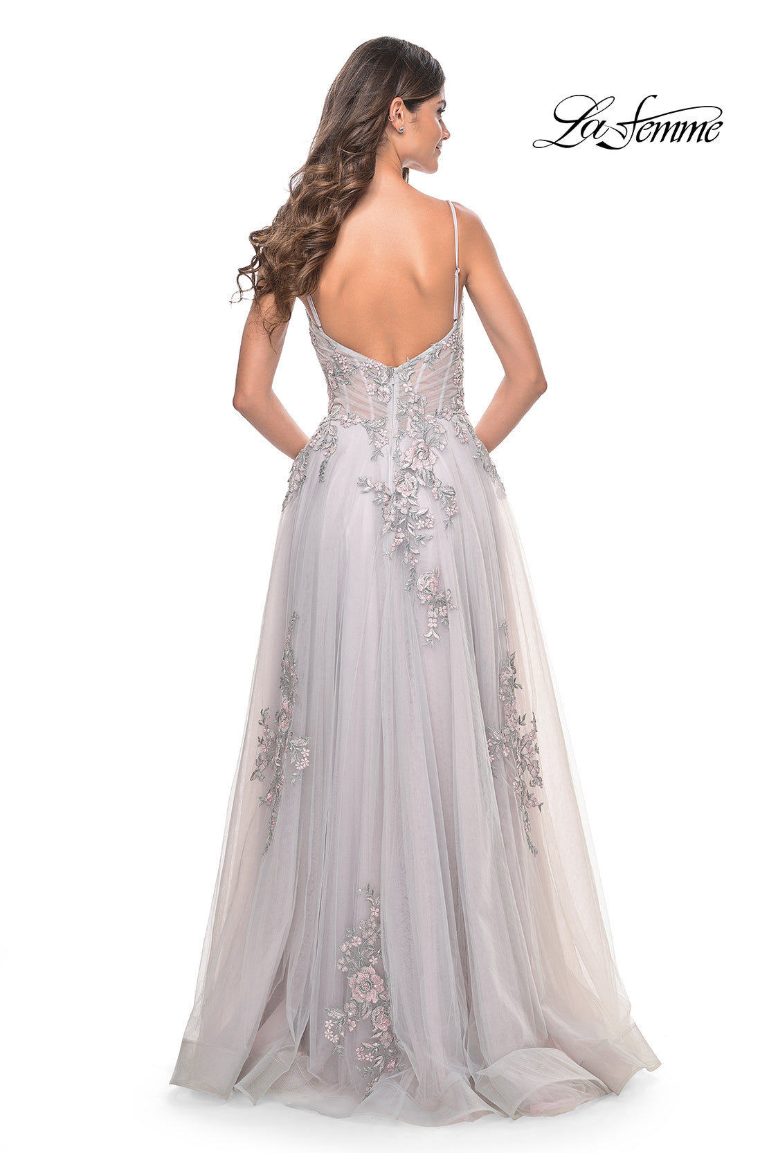 La-Femme-31939-V-Neck-Neckline-Zipper-Back-Slit-Lace-Tulle-A-Line-Silver-Evening-Dress-B-Chic-Fashions-Prom-Dress