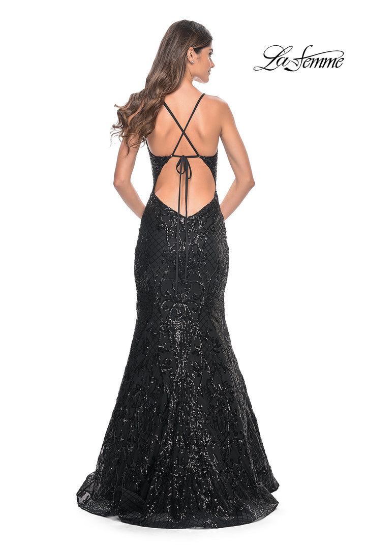 La-Femme-31943-V-Neck-Neckline-Low-Back-Corset-Print-Sequin-Mermaid-Black-Evening-Dress-B-Chic-Fashions-Prom-Dress