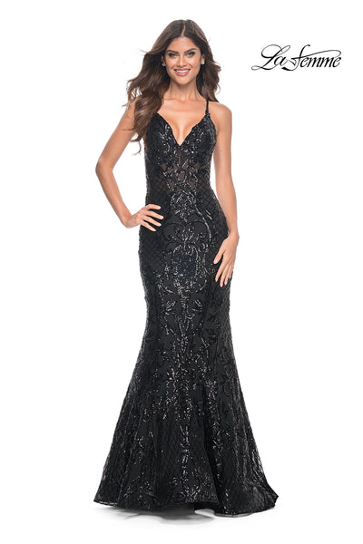 La-Femme-31943-V-Neck-Neckline-Low-Back-Corset-Print-Sequin-Mermaid-Black-Evening-Dress-B-Chic-Fashions-Prom-Dress