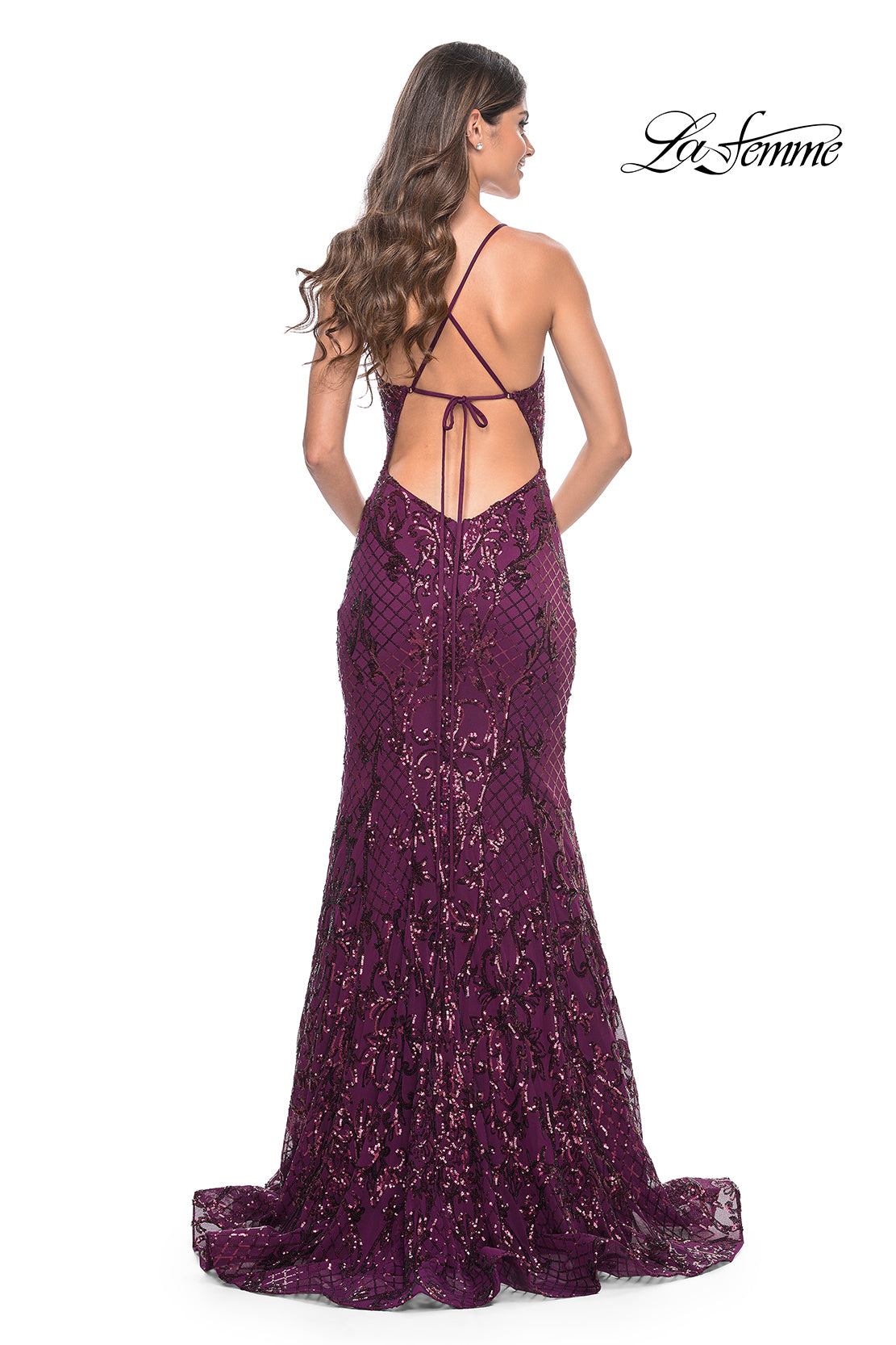 Shop La Femme 31943 V-Neck Neckline Low Back Corset Print Sequin Mermaid Evening Dress B Chic Fashions Shop La Femme 31943 V-Neck Neckline Low Back Corset Print Sequin Mermaid Evening Dress B Chic Fashions