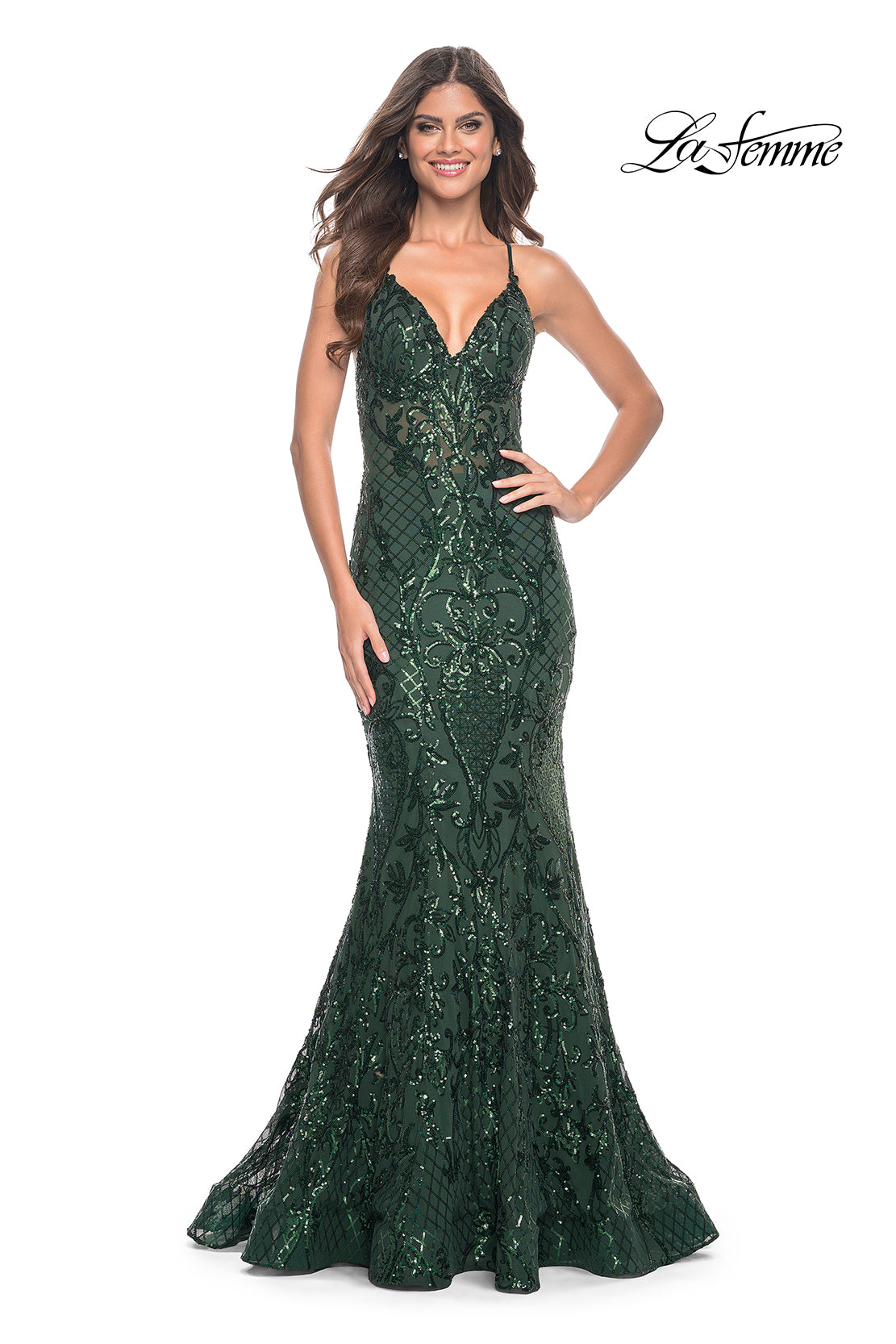 La-Femme-31943-V-Neck-Neckline-Low-Back-Corset-Print-Sequin-Mermaid-Dark-Emerald-Evening-Dress-B-Chic-Fashions-Prom-Dress