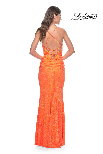 La-Femme-31968-V-Neck-Neckline-Criss-Cross-Back-Ruched-Hot-Stone-Jersey-Fitted-Bright-Orange-Evening-Dress-B-Chic-Fashions-Prom-Dress