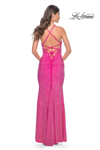 La-Femme-31968-V-Neck-Neckline-Criss-Cross-Back-Ruched-Hot-Stone-Jersey-Fitted-Fuchsia-Evening-Dress-B-Chic-Fashions-Prom-Dress