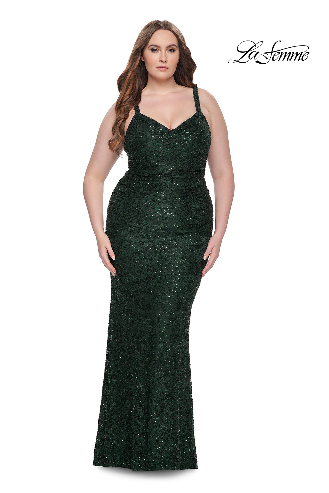 La-Femme-31982-V-Neck-Neckline-Zipper-Back-Ruched-Beaded-Lace-Fitted-Emerald-Evening-Dress-B-Chic-Fashions-Prom-Dress