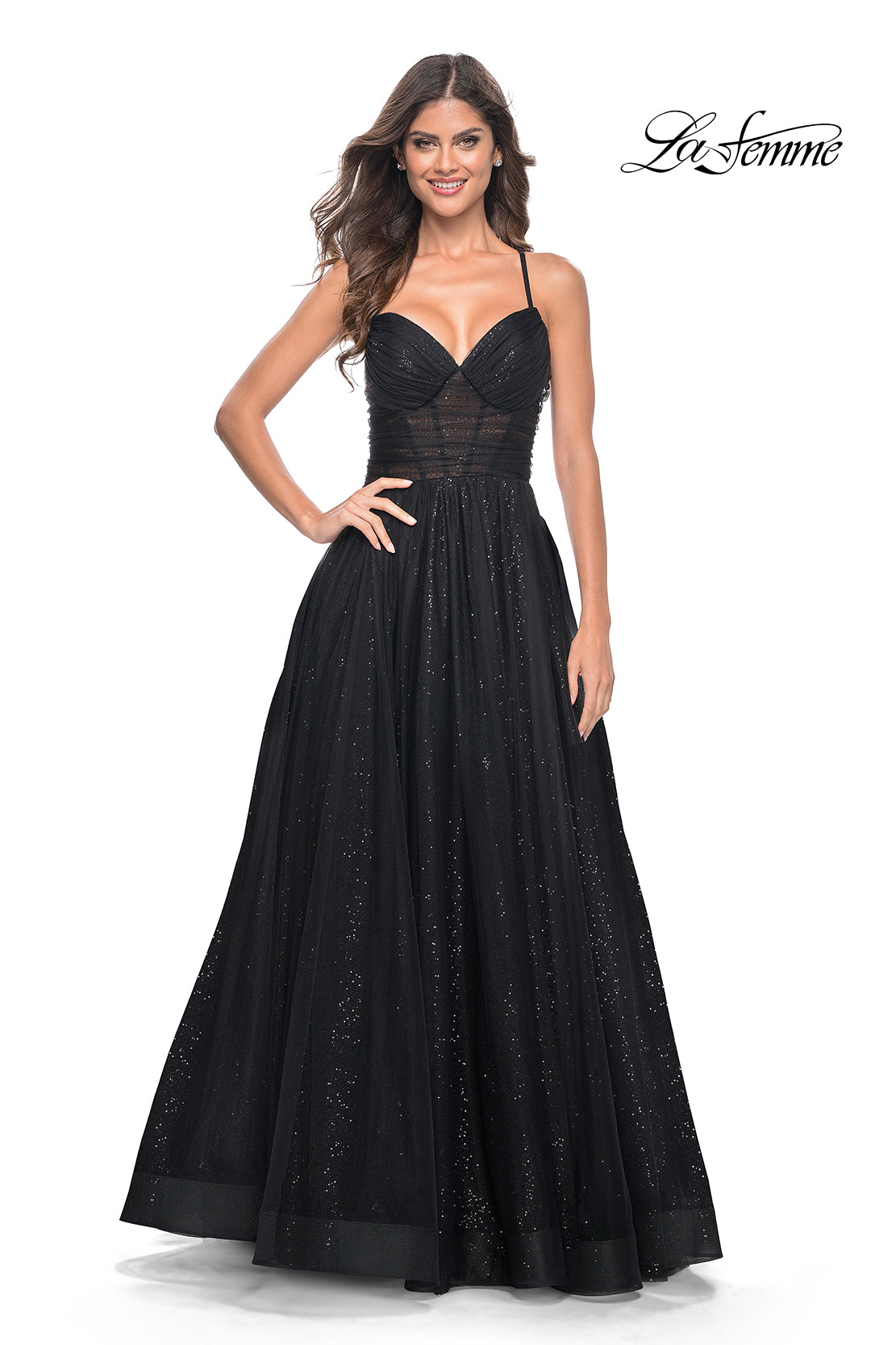 La Femme 31986 V-Neck Neckline Criss Cross Back Corset Tulle/Sequin A-Line Evening Dress B Chic Fashions Long Dress Evening Gowns