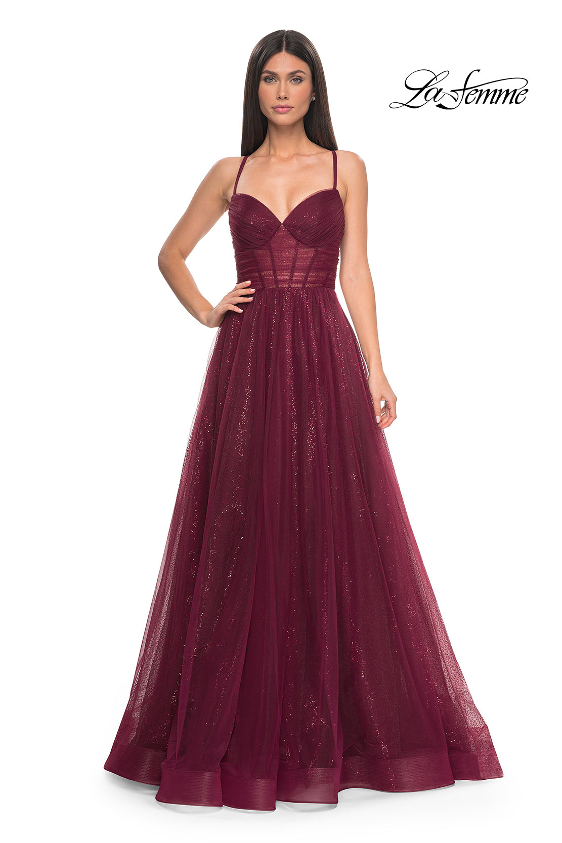 La Femme 31986 V-Neck Neckline Criss Cross Back Corset Tulle/Sequin A-Line Evening Dress B Chic Fashions Long Dress Evening Gowns
